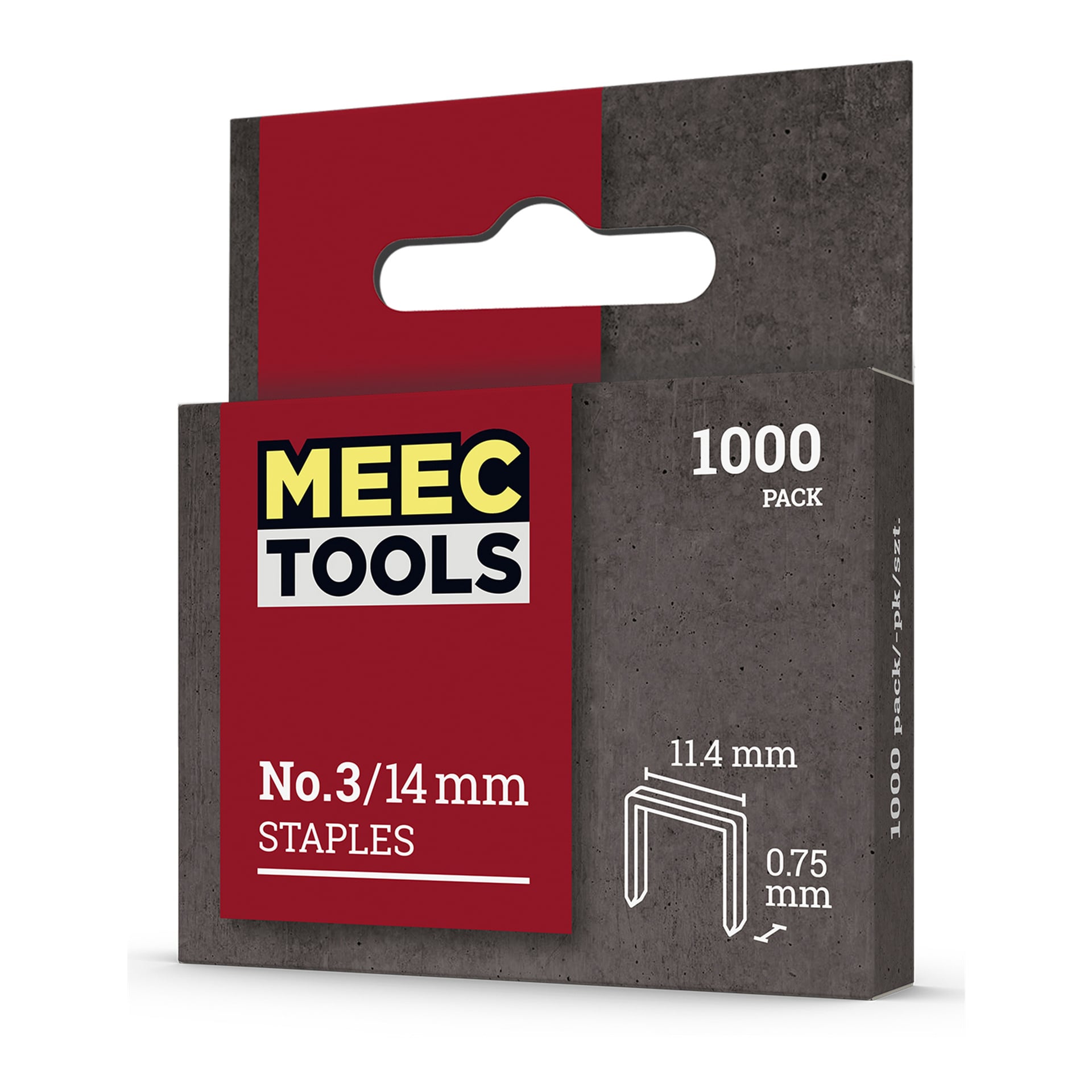 En 1000-pack låda med Meec Tools Staples, nr 3/14 mm, i grå och röd förpackning med detaljer om häftklamrarnas storlek som visar 11,4 mm bredd och 0,75 mm tjocklek.