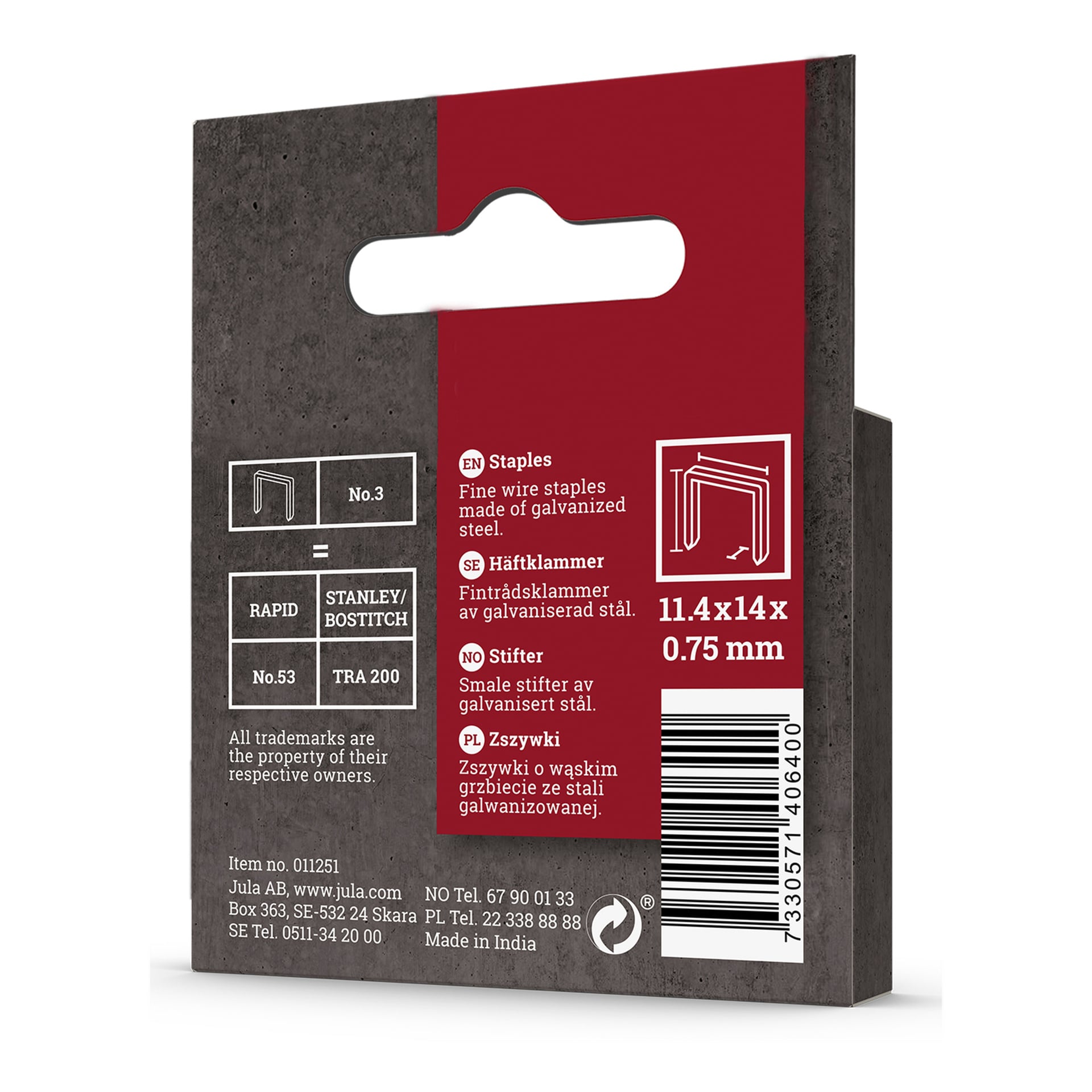 Ett 1000-pack Meec Tools galvaniserade ståltrådshäftklammer. Förpackningen listar kompatibla häftklammertyper och mått (11,4 x 14 mm, 0,75 mm), inkluderar en hängflik och innehåller ingen häftapparat.