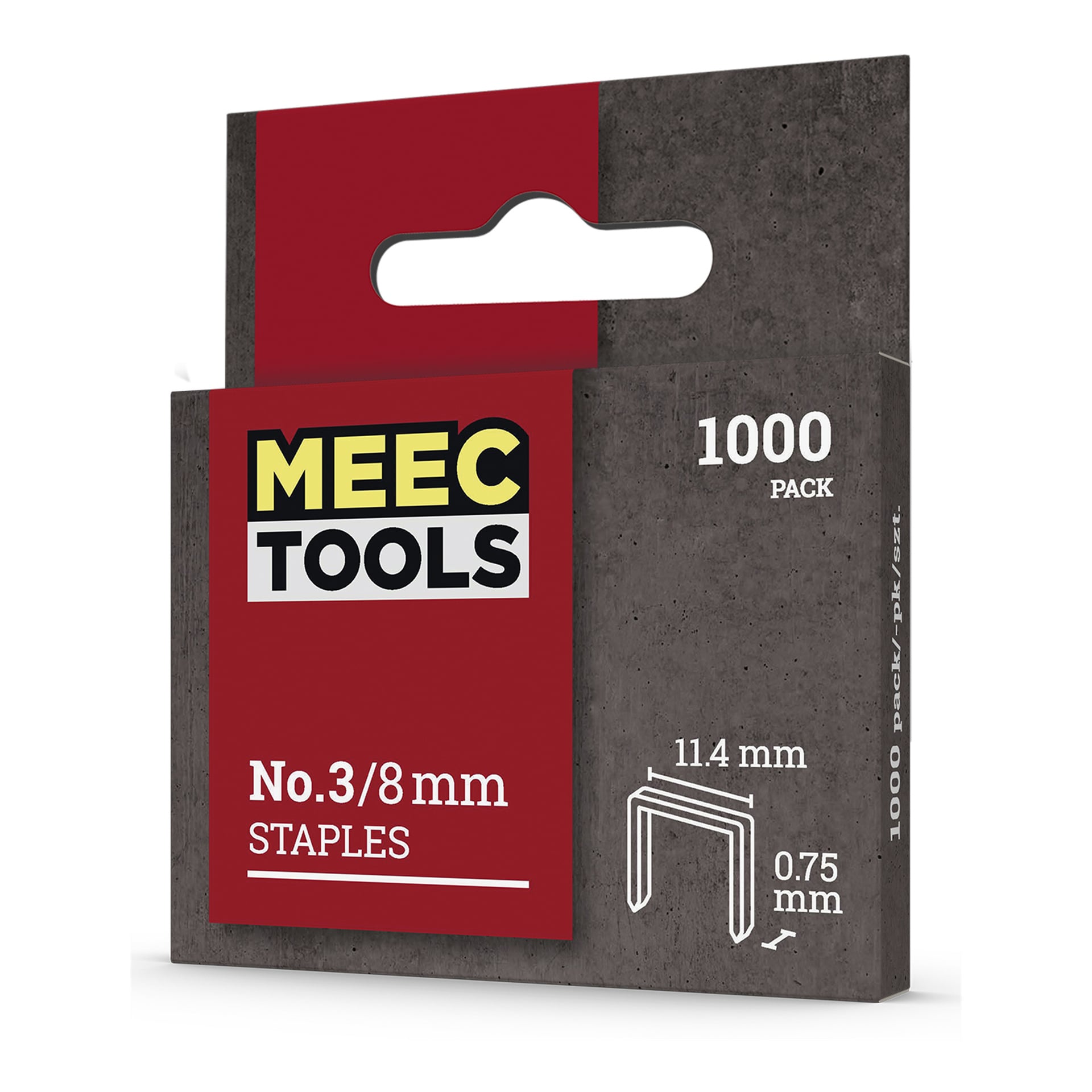 Ett paket med 1000 Meec Tools No. 3-klammerar, 8 mm storlek, visade i röd och grå förpackning med en övre hängande fack; varje häftklammer är 11,4 mm bred och 0,75 mm tjock.