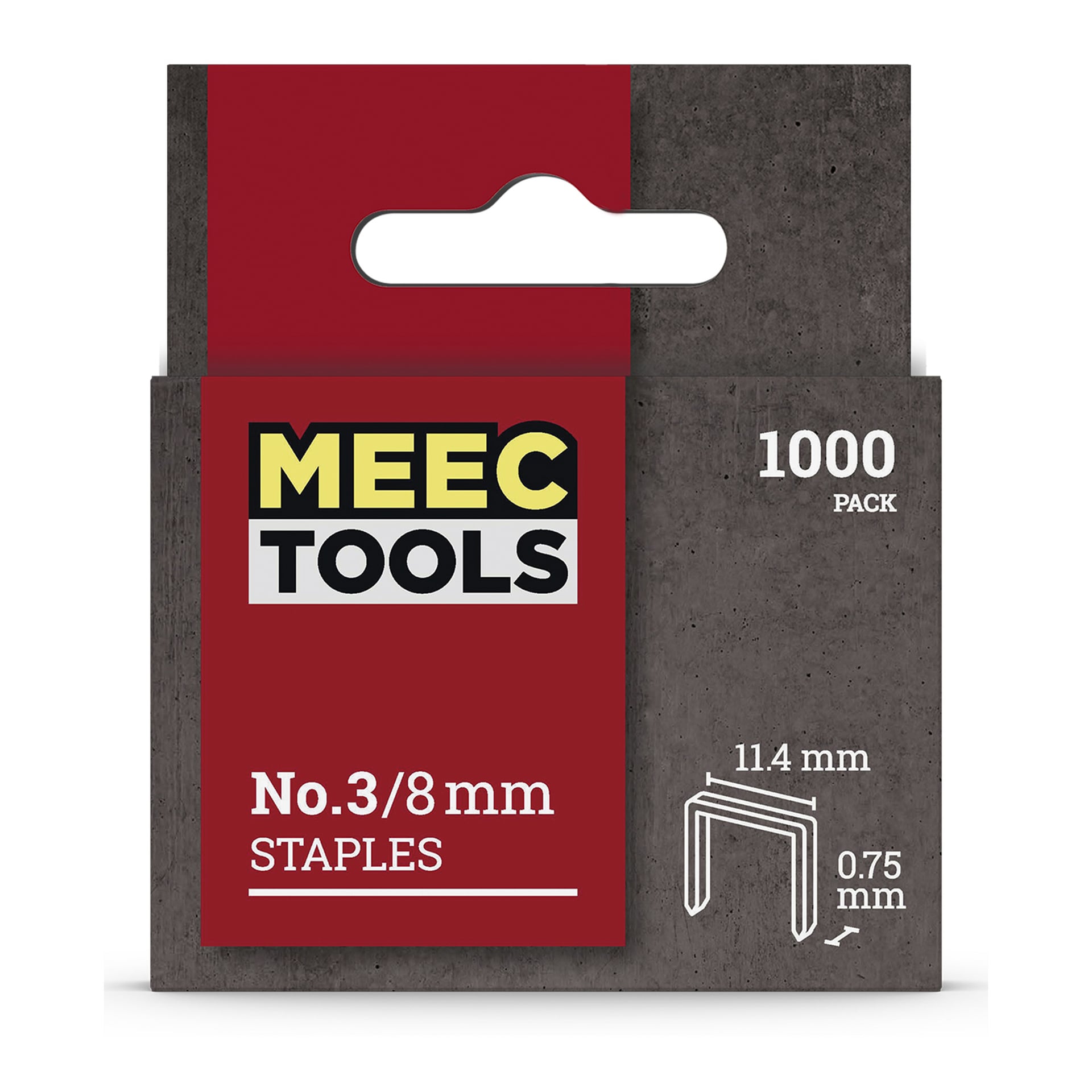 En röd och grå låda med Meec Tools Staples innehåller 1000 häftklamrar, märkta nr 3/8 mm. Förpackningen visar staplemåtten som 11,4 mm bred och 0,75 mm tjock.