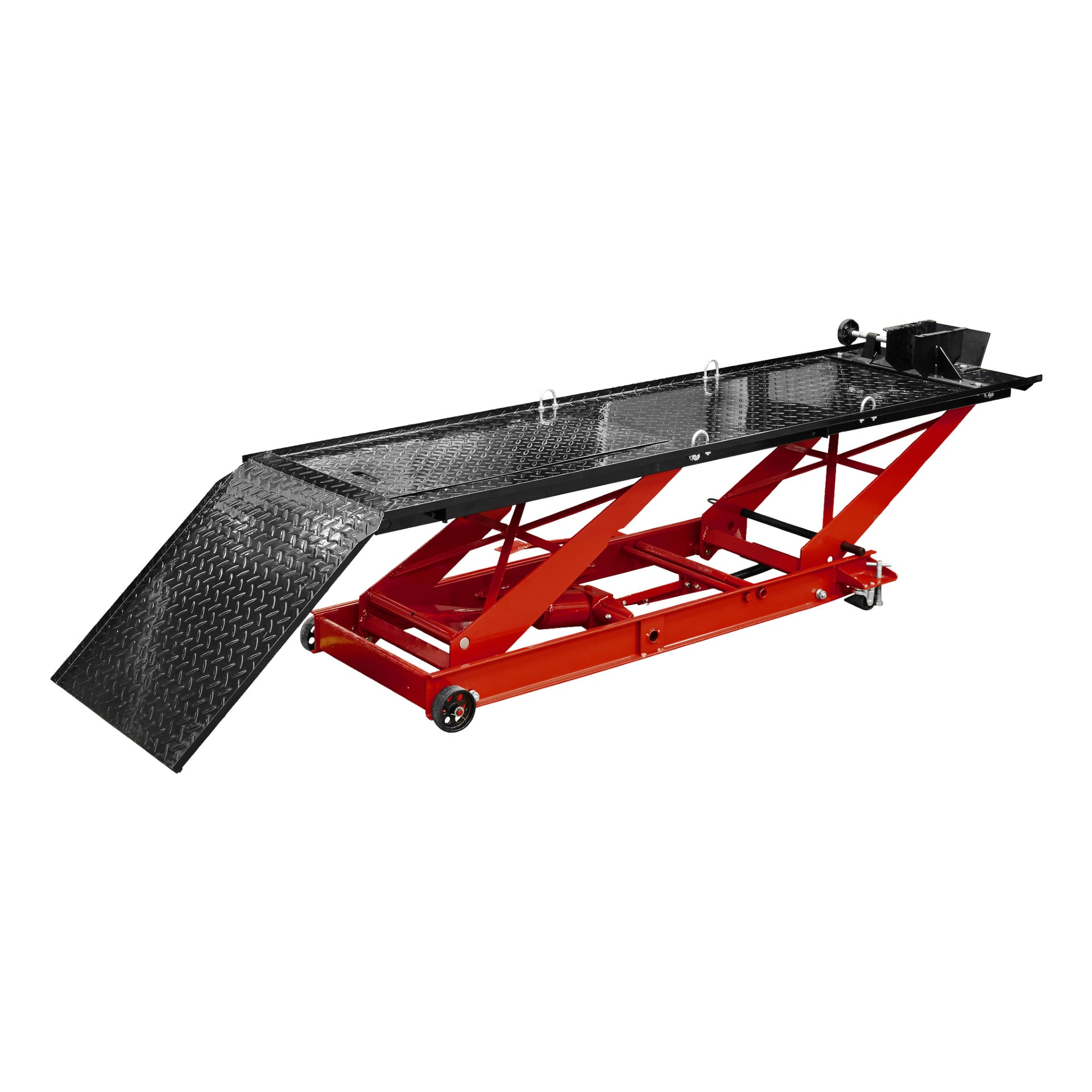 En rød og svart Hamron motorsykkelheis med teksturert rampe, solid metallplattform og hjul for enkel bevegelse.
