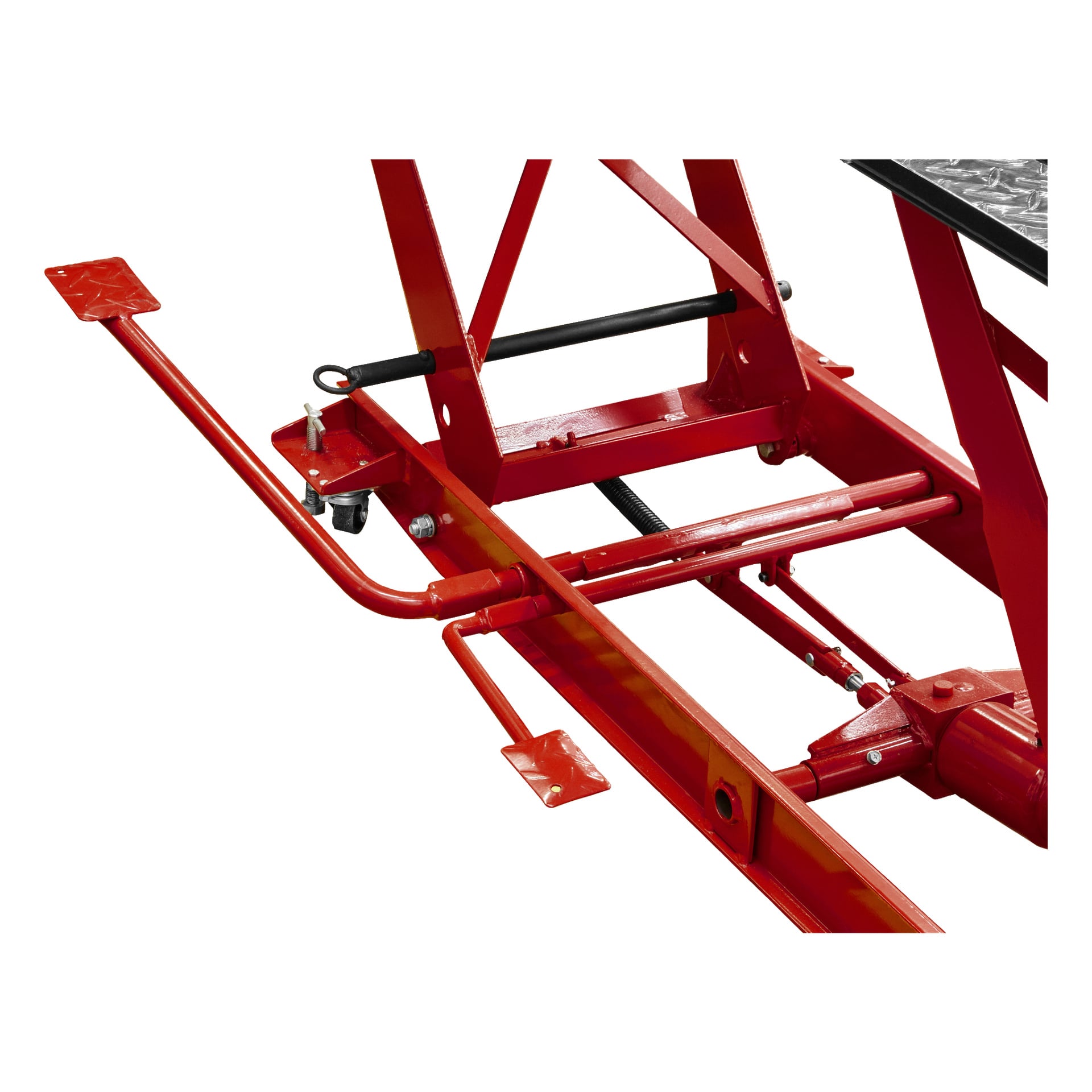 Nærbilde av Hamron Motorcycle Lift, en rød metall hydraulisk enhet med to fotpedaler, pleivstenger og en solid støtteramme.