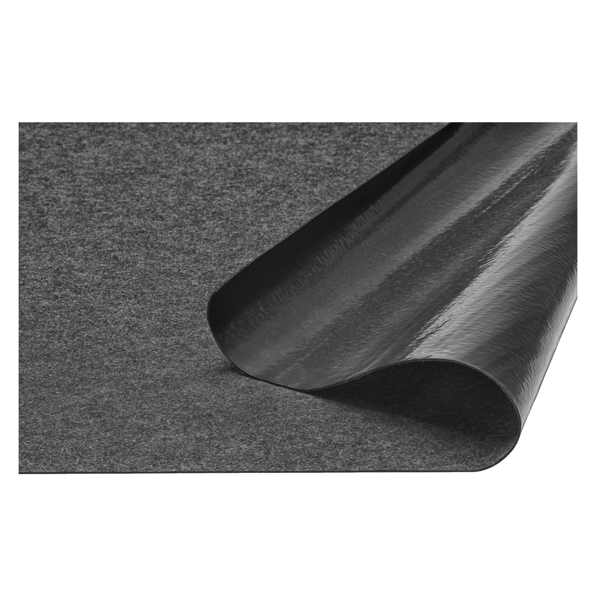 En närbild av Hamron Oil-mattan framhäver dess mörka, böjliga material med ett hörn upplyft för att avslöja en glansig undersida under den texturerade matta toppen.