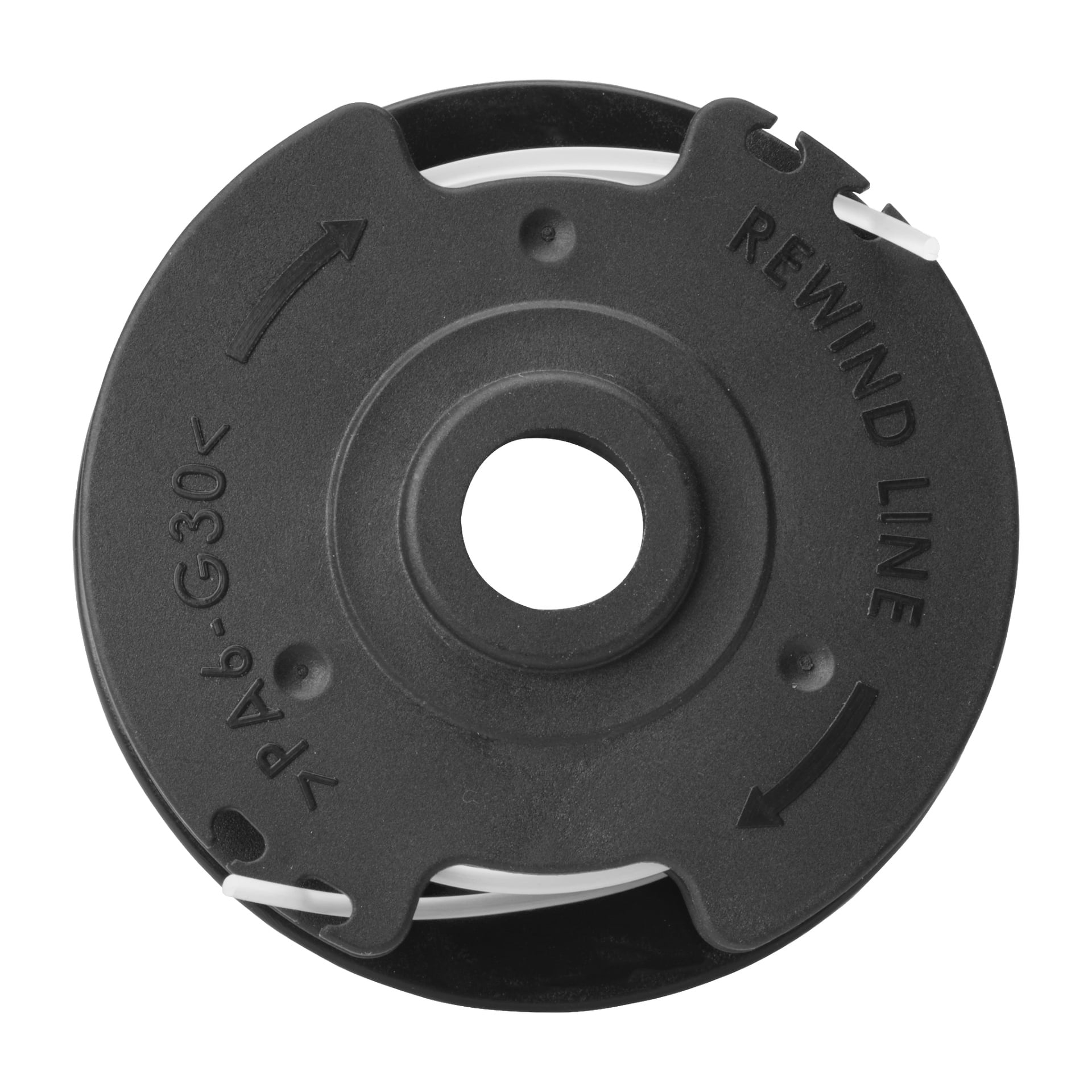 Meec Tools Multiseries 40 V trimmer-spole är tillverkad av svart plast. Pilar på ytan visar åt vilket håll man ska spolas tillbaka, och "SPOLA TILLBAKA LINJEN" är tryckt på den. En vit trimmerlinje kan ses sträcka sig runt ytterkanten.