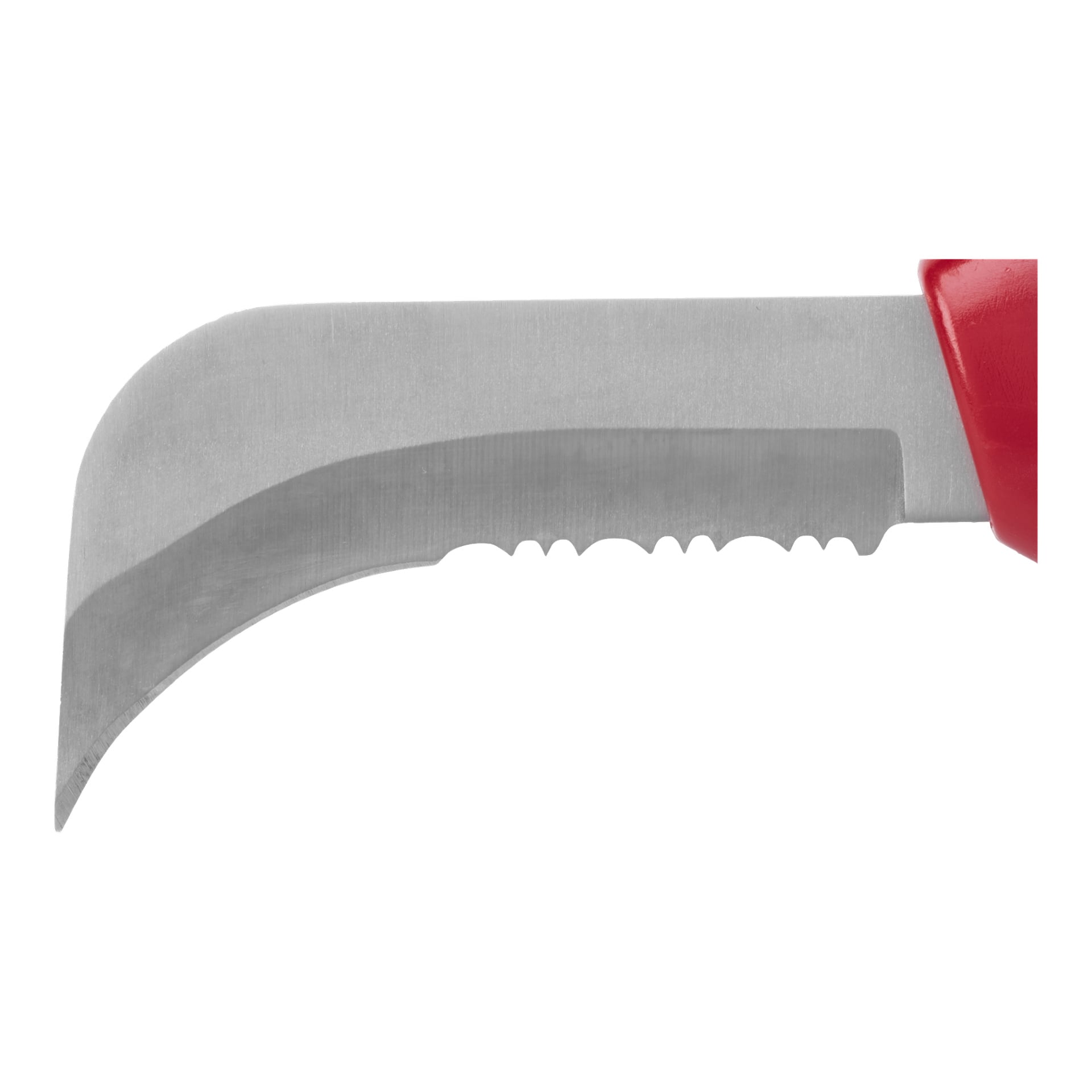Nærbilde av en takfiltkniv fra Meec Tools med buet, sagtakket blad og rødt håndtak.