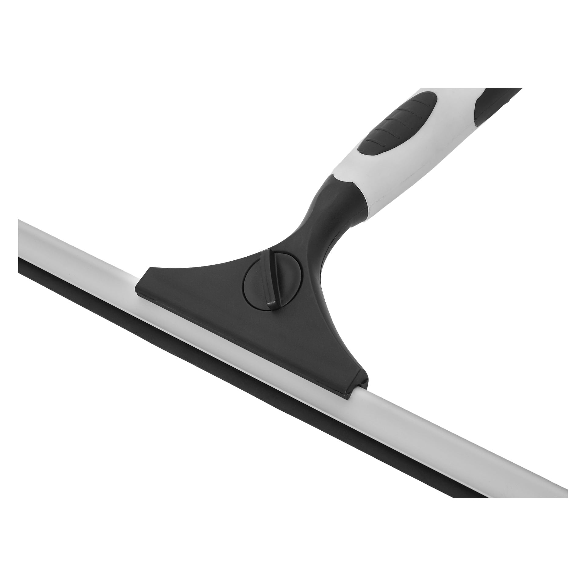 En närbild på Menuett fönstersqueegee, som visar dess svartvita design med gummiblad och ergonomiskt handtag.