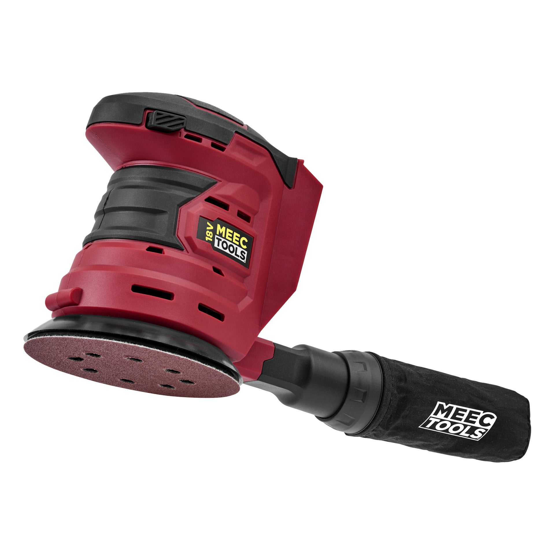 En röd och svart Meec Tools Multiseries Eccentric slipmaskin OS-18V HOME 500 med en 18V-etikett och en dammuppsamlingspåse fäst.