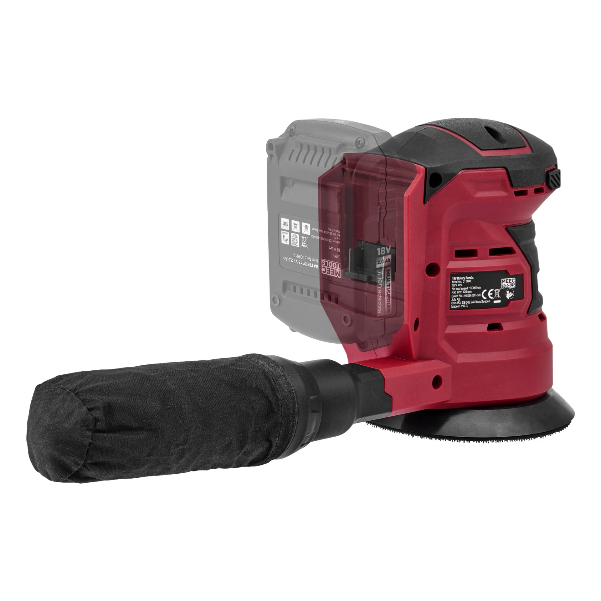 En röd Meec Tools Multiseries Eccentric slipmaskin OS-18V HOME 500 visas med en svart dammpåse fäst och ett halvgenomskinligt batteripaket placerat bakom verktyget.
