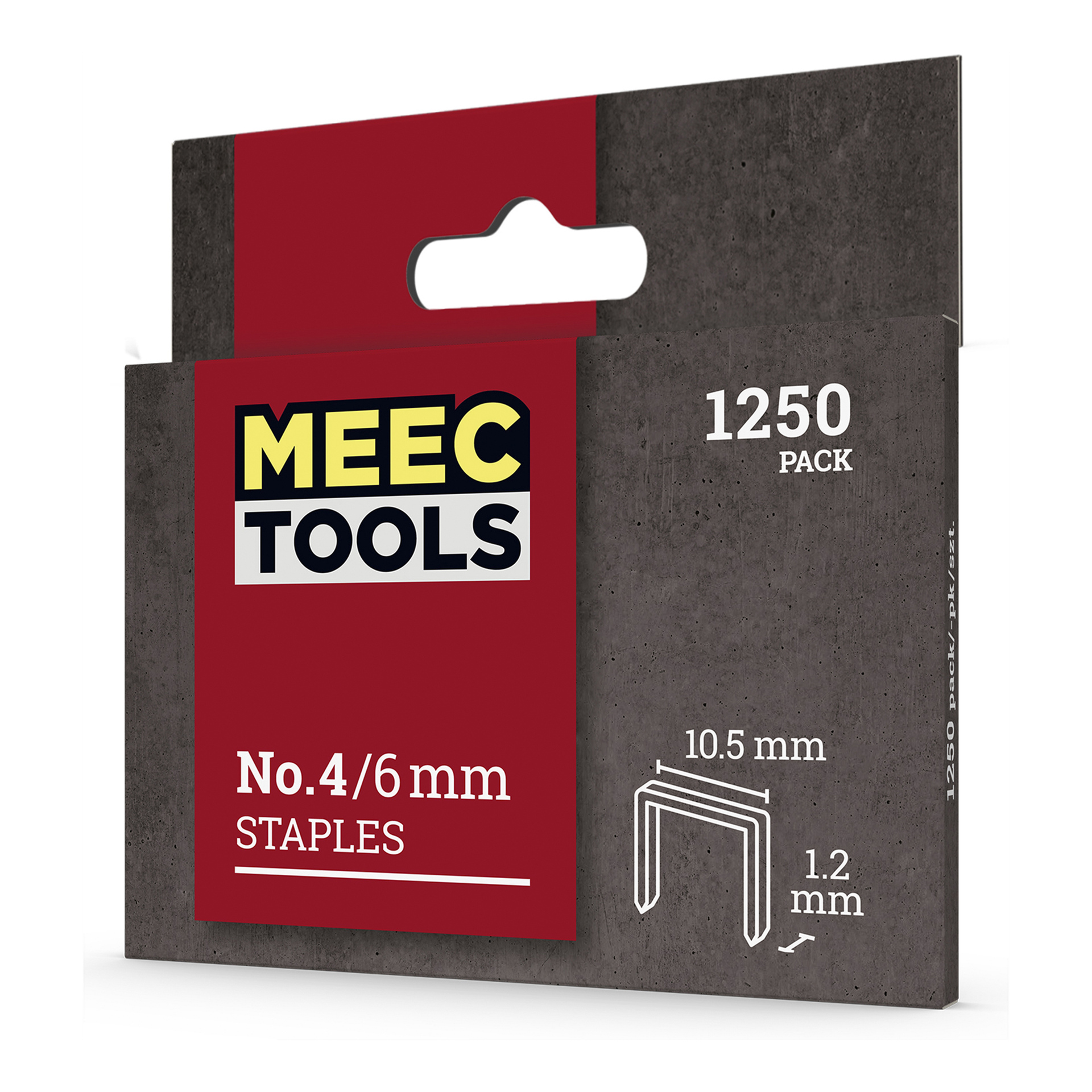 En låda med Meec Tools Staples, nr 4/6 mm, innehållande 1250 bitar i grå förpackning med röd accent, visar staplmåtten 10,5 mm breda och 1,2 mm tjocka.
