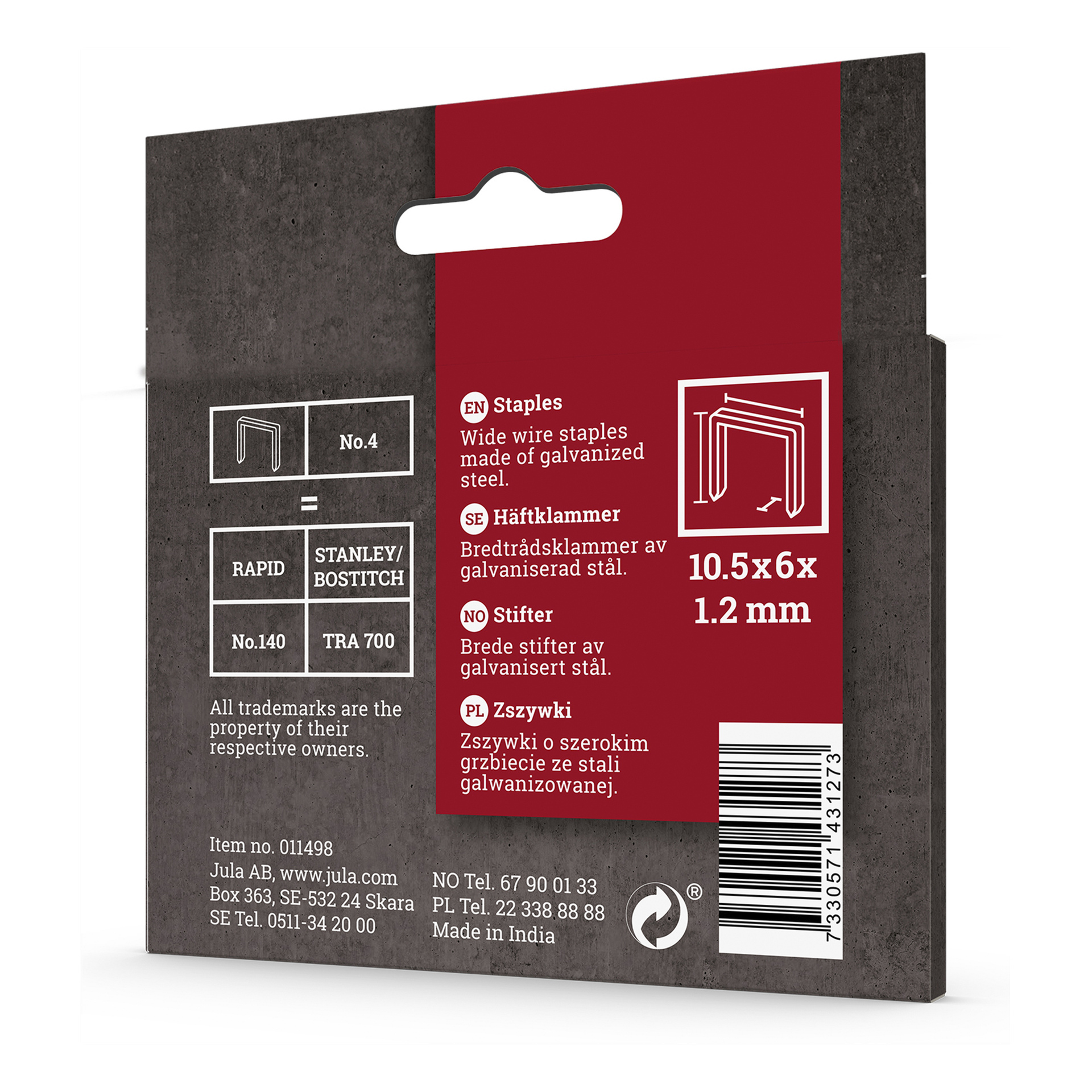 Låda med Meec Tools Staples 1250-pack, tillverkad av galvaniserat stål med måtten 10,5 x 6 x 1,2 mm, kompatibel med Rapid-, Stanley/Bostitch- och TRA 700-modellerna; Förpackningen visar produktdetaljer.