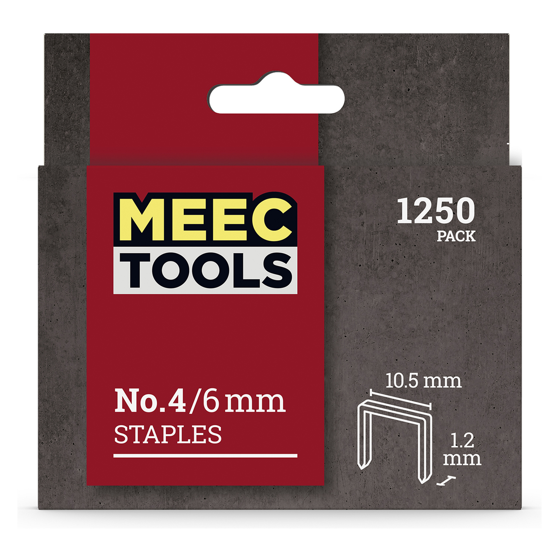 En låda med Meec Tools häftklamrar innehåller 1250 bitar och har grå och röd förpackning med en diagram på framsidan som visar staplens mått på 10,5 mm bredd och 1,2 mm tjocklek.