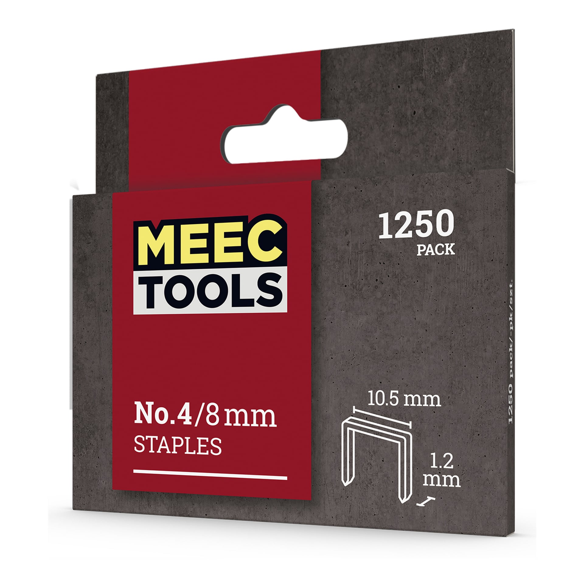 En grå Meec Tools Staples-låda med röd och gul märkning, märkt nr 4 och med 1250 häftklamrar i storlek 8 mm. Framsidan visar mått: 10,5 mm bredd och 1,2 mm tjocklek, vilket anger att det totala antalet är 1250 häftklamrar.