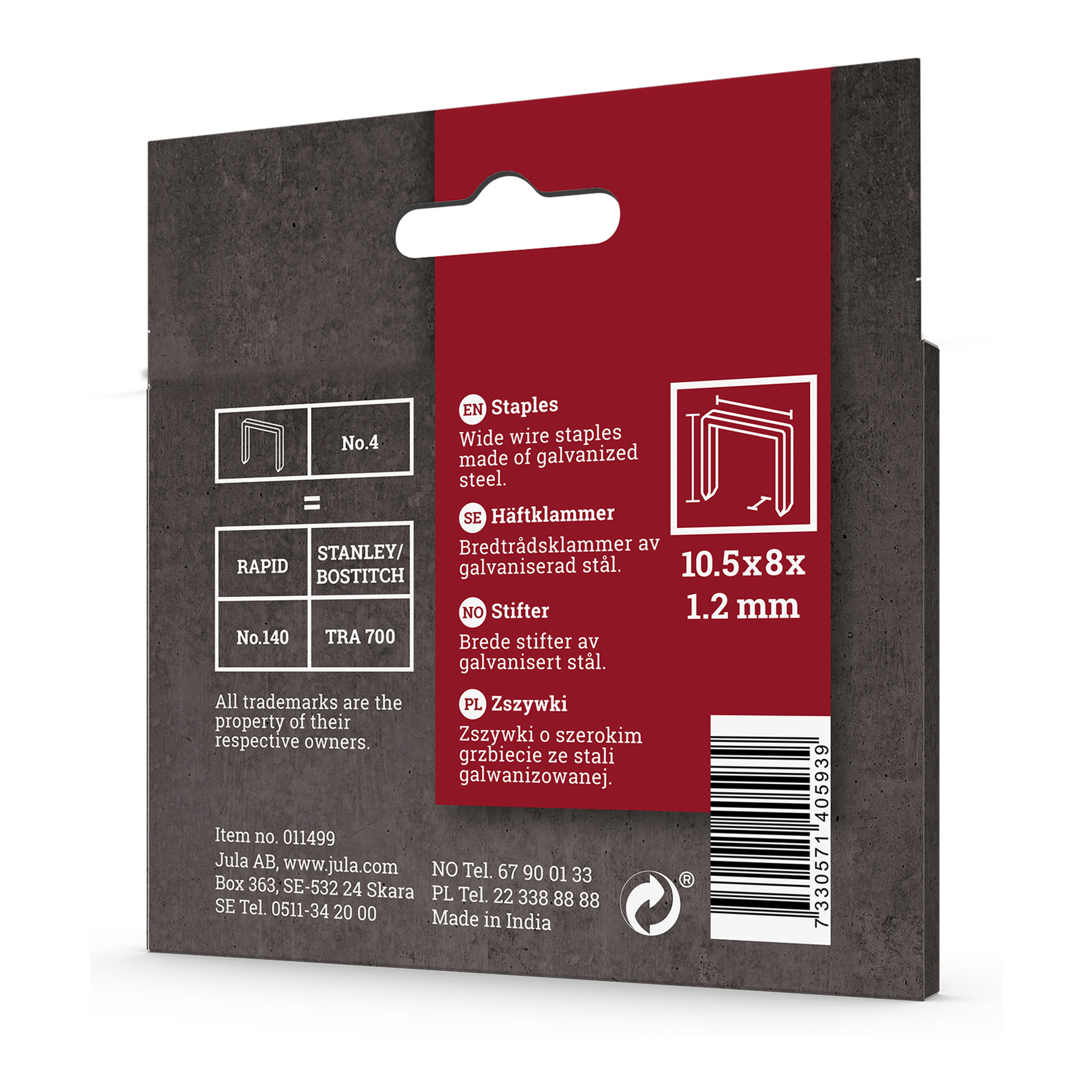 Meec Tools Staples 1250-pack har breda trådstaplar i storlekarna 10,5 x 8 x 1,2 mm, tillverkade av galvaniserat stål. Förpackningen anger kompatibilitet med Rapid, Stanley/Bostitch och Tra700 häftapparater.