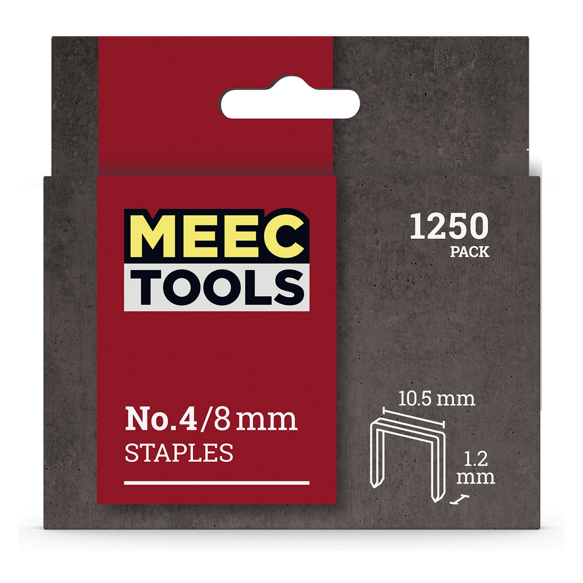 Paket med Meec Tools Staples med 1 250 häftklamrar. Varje häftklamr är 10,5 mm bred, 8 mm hög och 1,2 mm tjock. Lådan visar en röd och grå färgschema med text i vitt och gult.