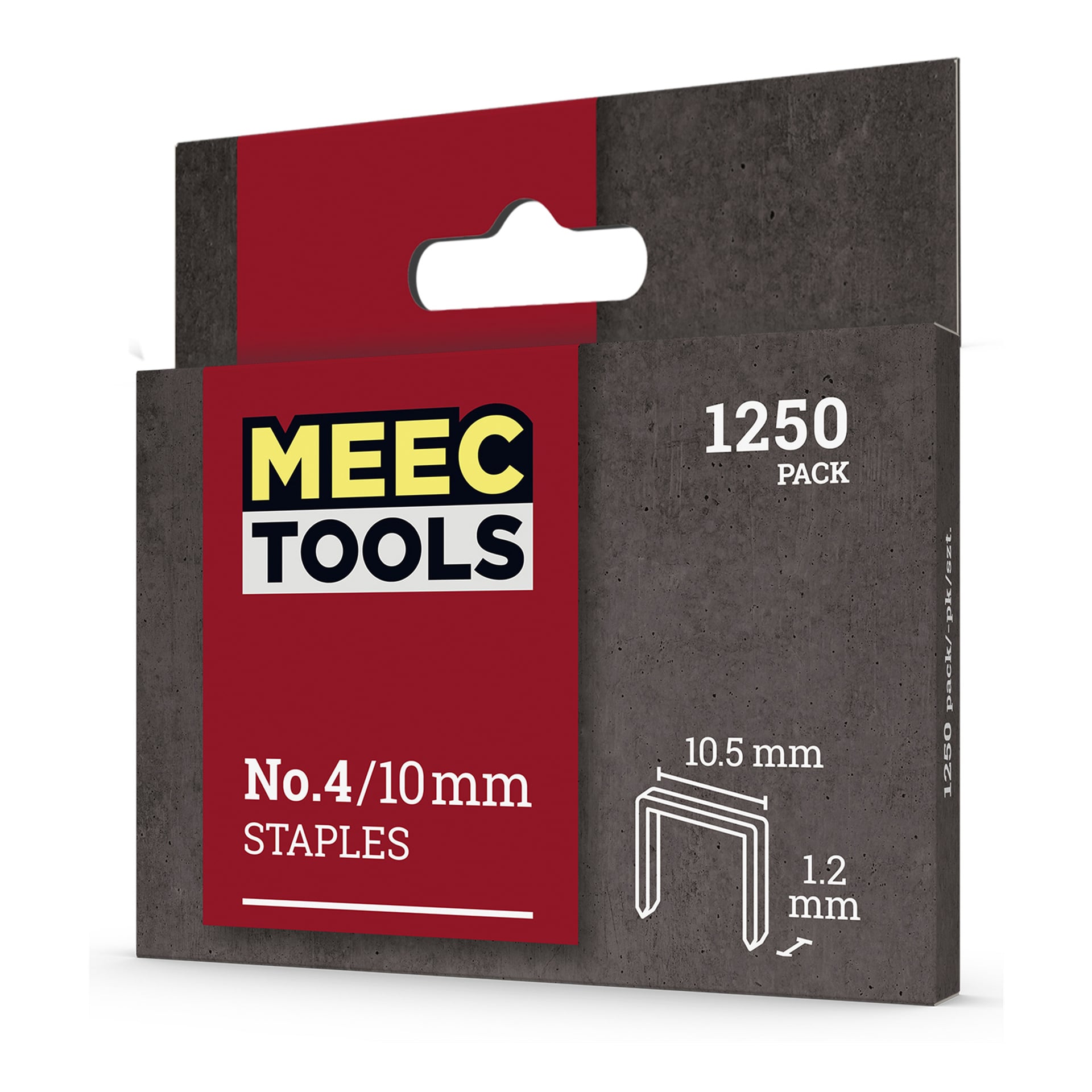 En låda med 1 250 Meec Tools-häftklammer, grå och röd, visar en diagram med häftmåtten: 10,5 mm bred och 1,2 mm tjock.