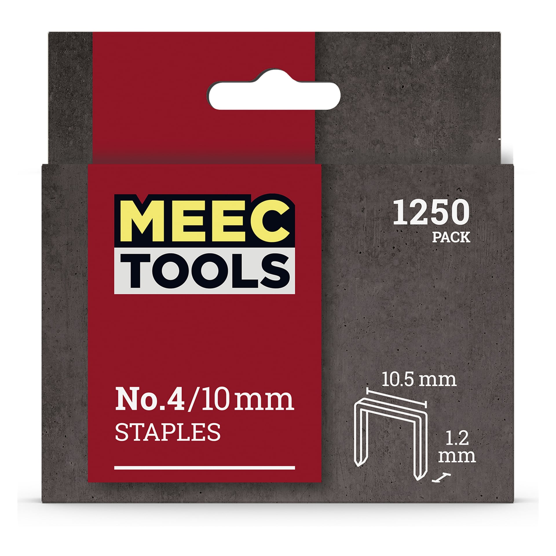 Ett paket med 1250 häftklamrar från Meec Tools visas, där framsidan markerar stapelstorleken – 10,5 mm bredd och 1,2 mm tjocklek – i fet vit text över en röd och grå förpackningsdesign.