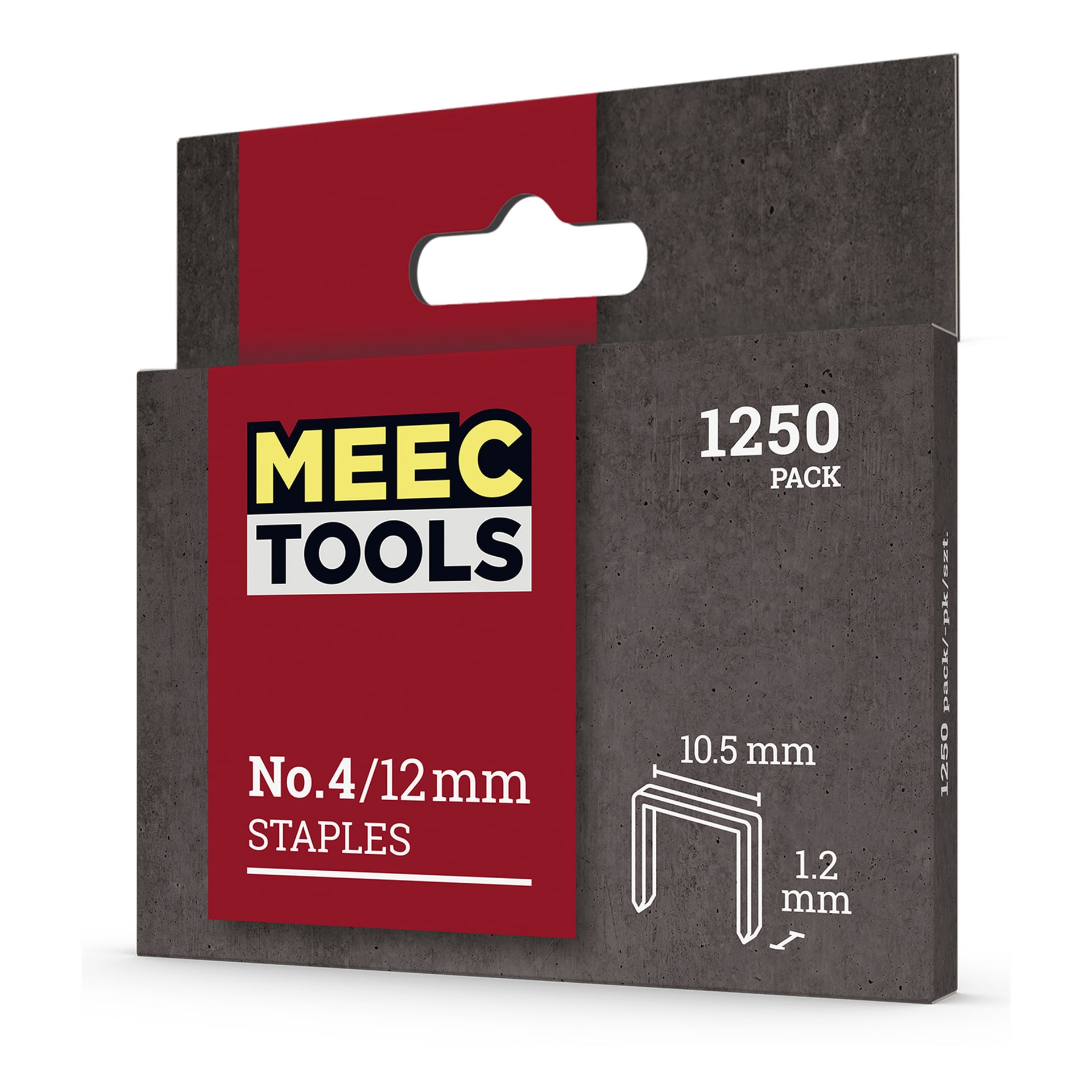 En Meec Tools Staples-låda med grått och rött mönster visas. Förpackningen anger att den rymmer 1 250 häftklamrar, märkta nr 4/12 mm. Varje häftklammer mäter 10,5 mm i bredd och 1,2 mm tjock, och det finns en illustration av en häftklammer på lådan.