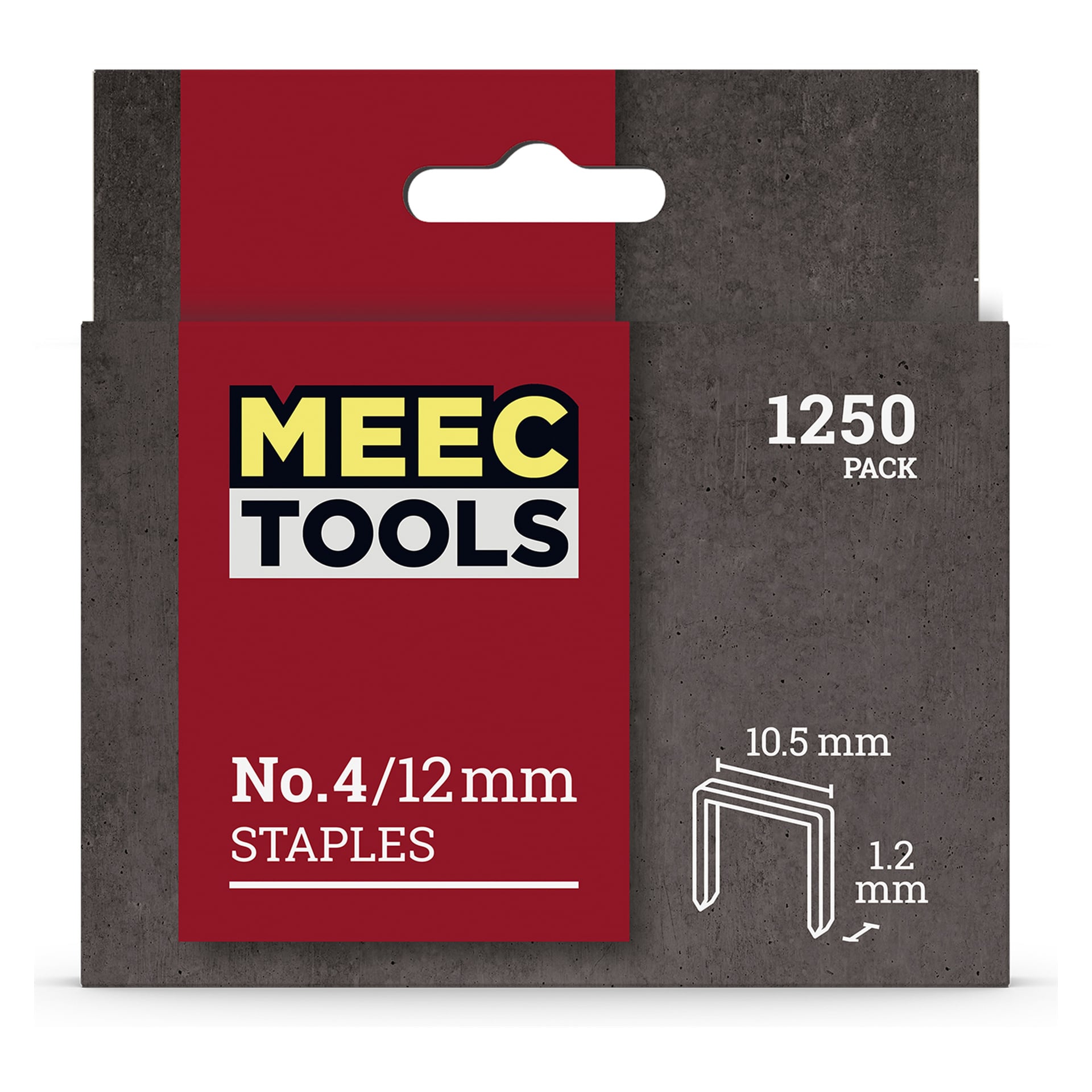 Ett 1250-pack med Meec Tools-häftklamrar, varje häftklammer 10,5 mm bred och 1,2 mm tjock, förpackad i en röd och grå låda.