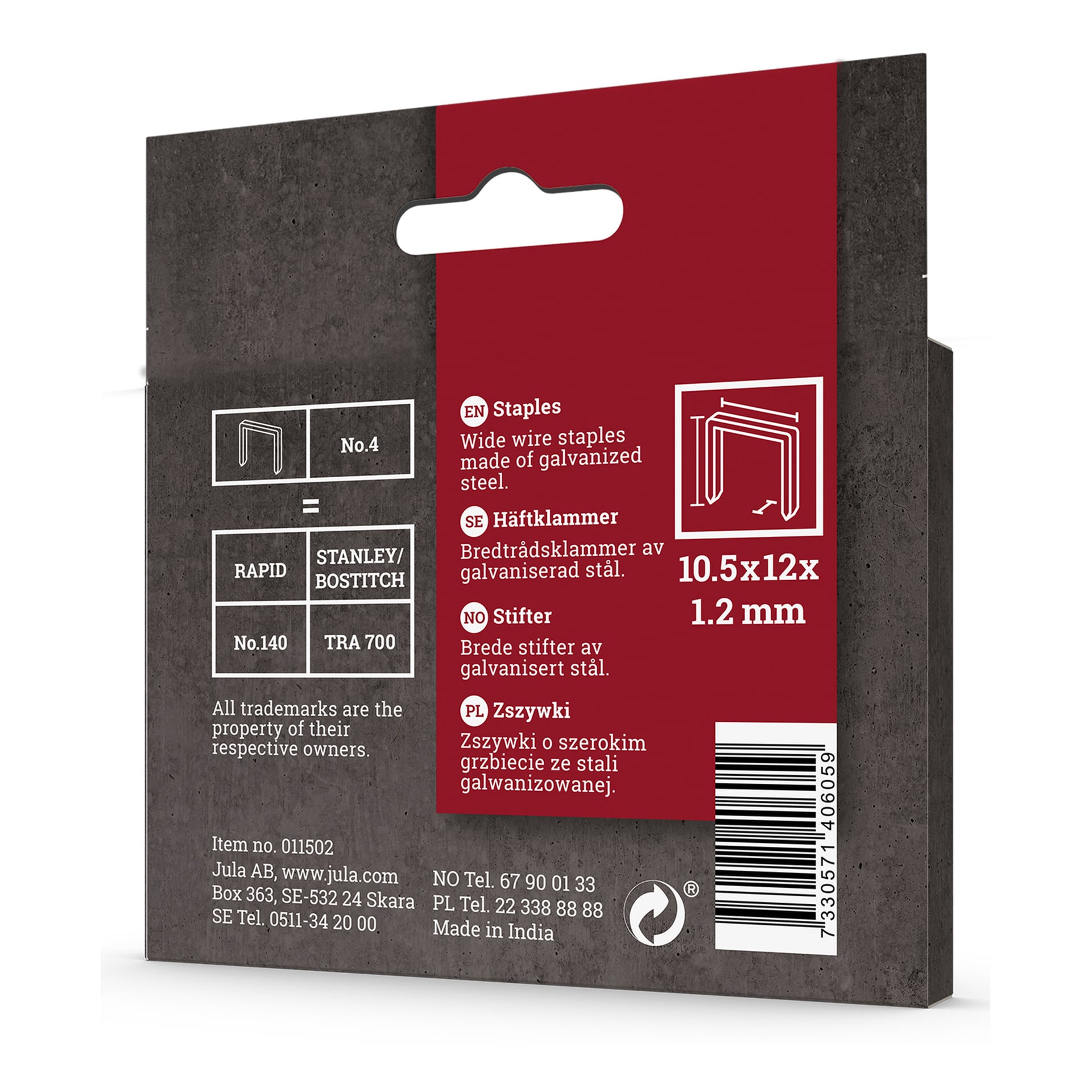 En låda Meec Tools Staples med 1250 häftklammer. Lådan visar häftmått på 10,5 x 12 mm och en tjocklek på 1,2 mm, tillverkad av galvaniserat stål. Produktdetaljer, streckkoder och Meec Tools-varumärke syns på förpackningen.