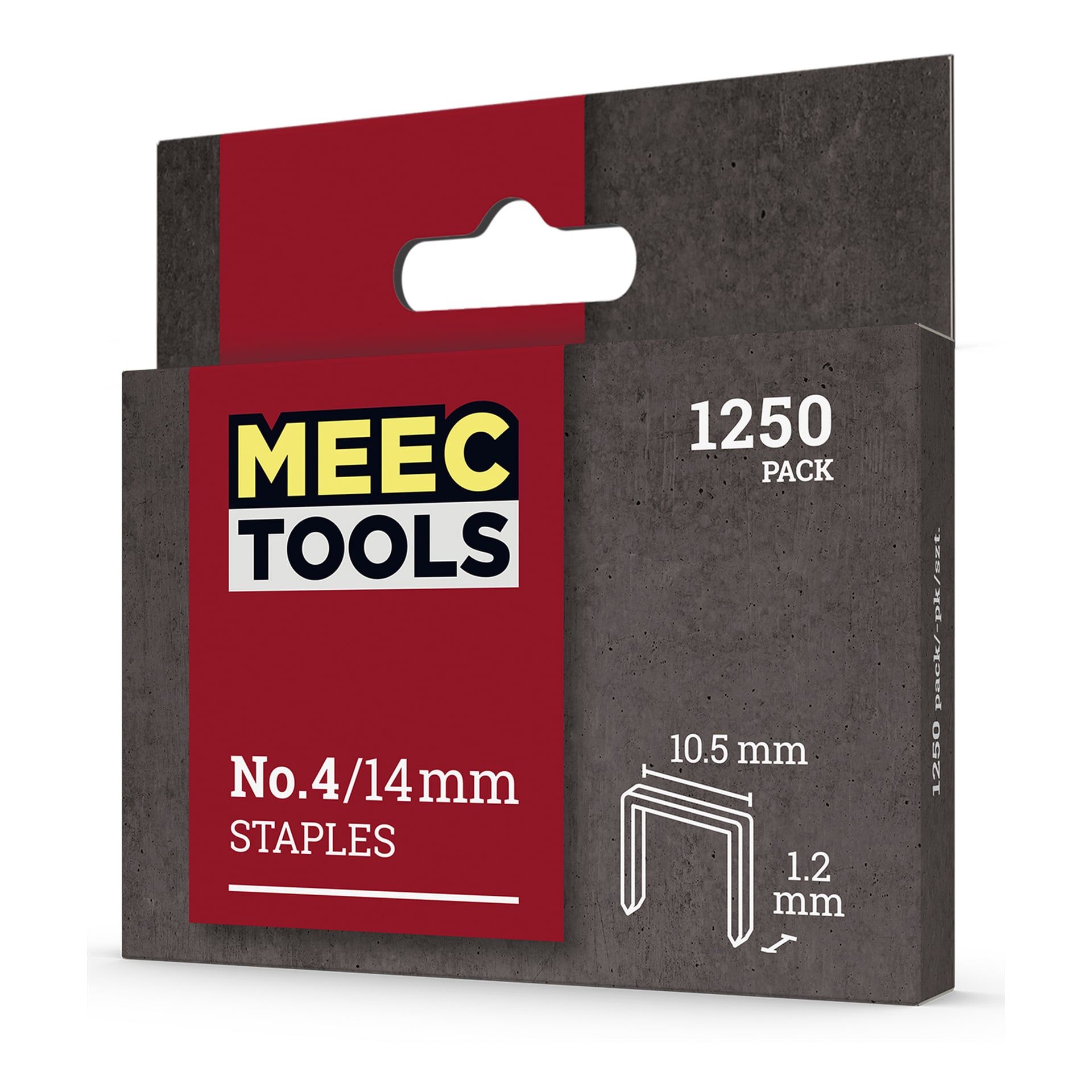 En grå Meec Tools Staples-eske rommer 1 250 stifter. Emballasjen har en rød og gul logo og viser basismål: 10,5 mm bredde og 1,2 mm tykkelse.