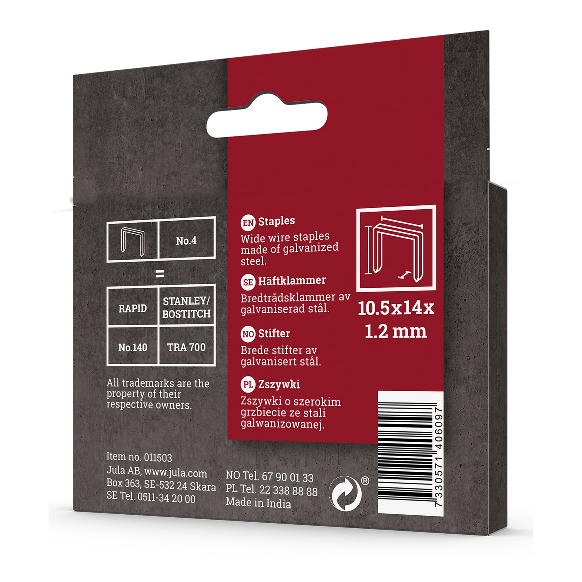 Baksiden av en rød og grå Meec Tools Staples 1250 pakkeboks som viste et stiftediagram, størrelsen 10,5x14x1,2 mm, listet kompatible stiftemaskinmodeller, produktdetaljer på ulike språk og selskapets kontaktinformasjon.
