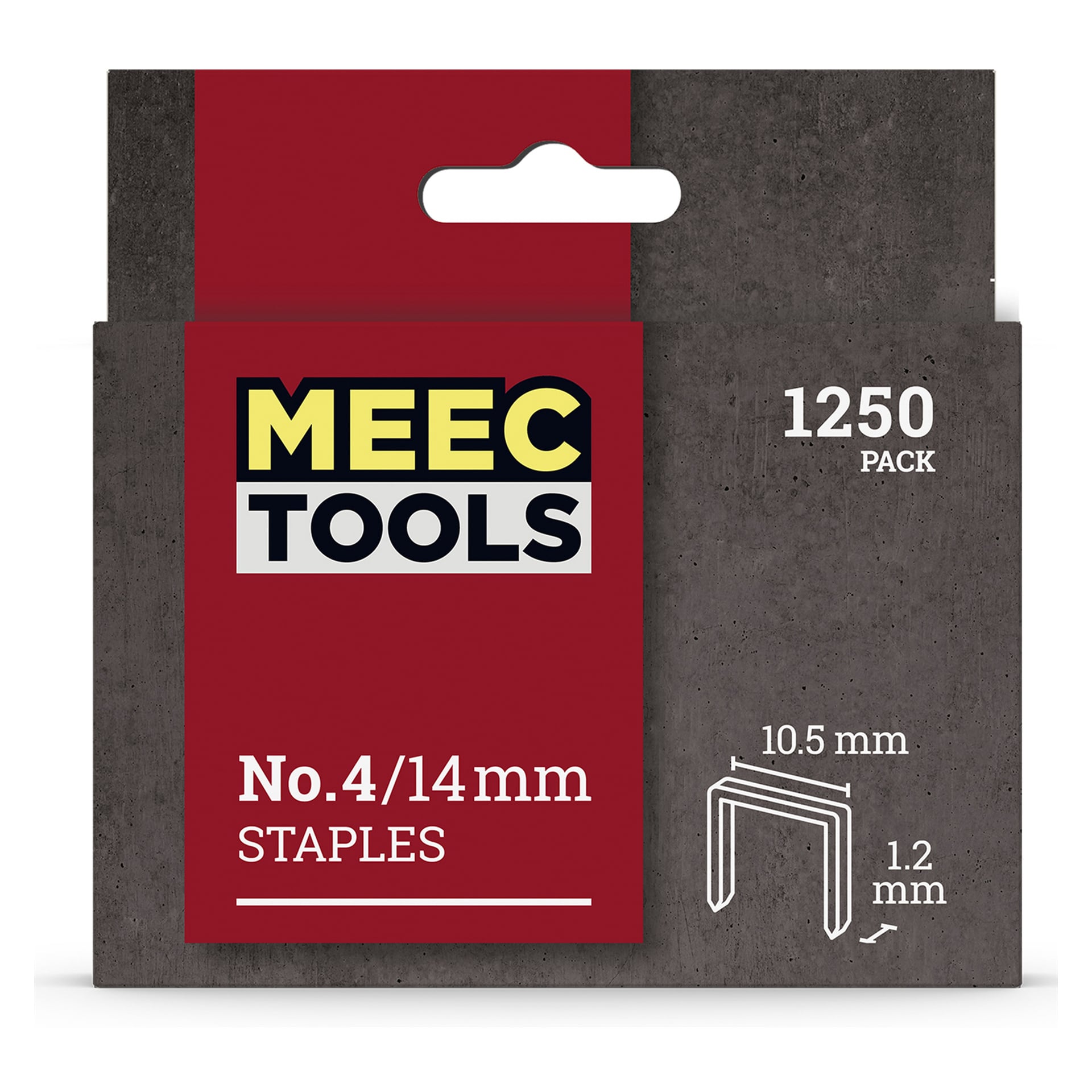 En eske med Meec Tools Staples med 1250 biter. Emballasjen viser et stiftediagram med dimensjoner på 10,5 mm bredt og 1,2 mm tykt, satt mot en grå bakgrunn med rød og hvit tekst.