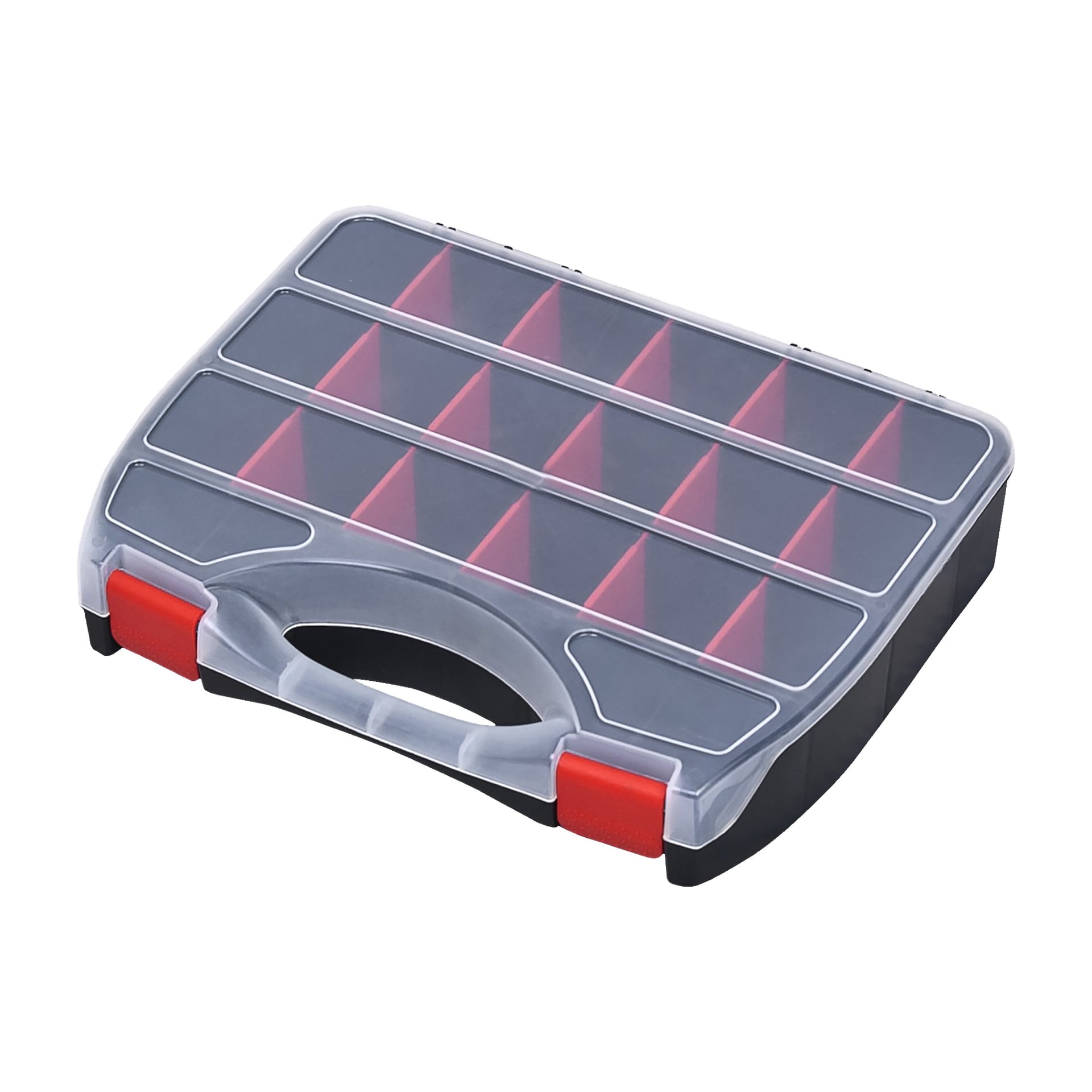 Pudełko Meec Tools Assortment jest pokazane zamknięte, wykonane z czarnego i przezroczystego plastiku. Ma uchwyt do przenoszenia i zapięte czerwone zapięcia. Przez przezroczystą pokrywę można zobaczyć czerwone przegródki w środku, ułożone dla uporządkowanej organizacji.