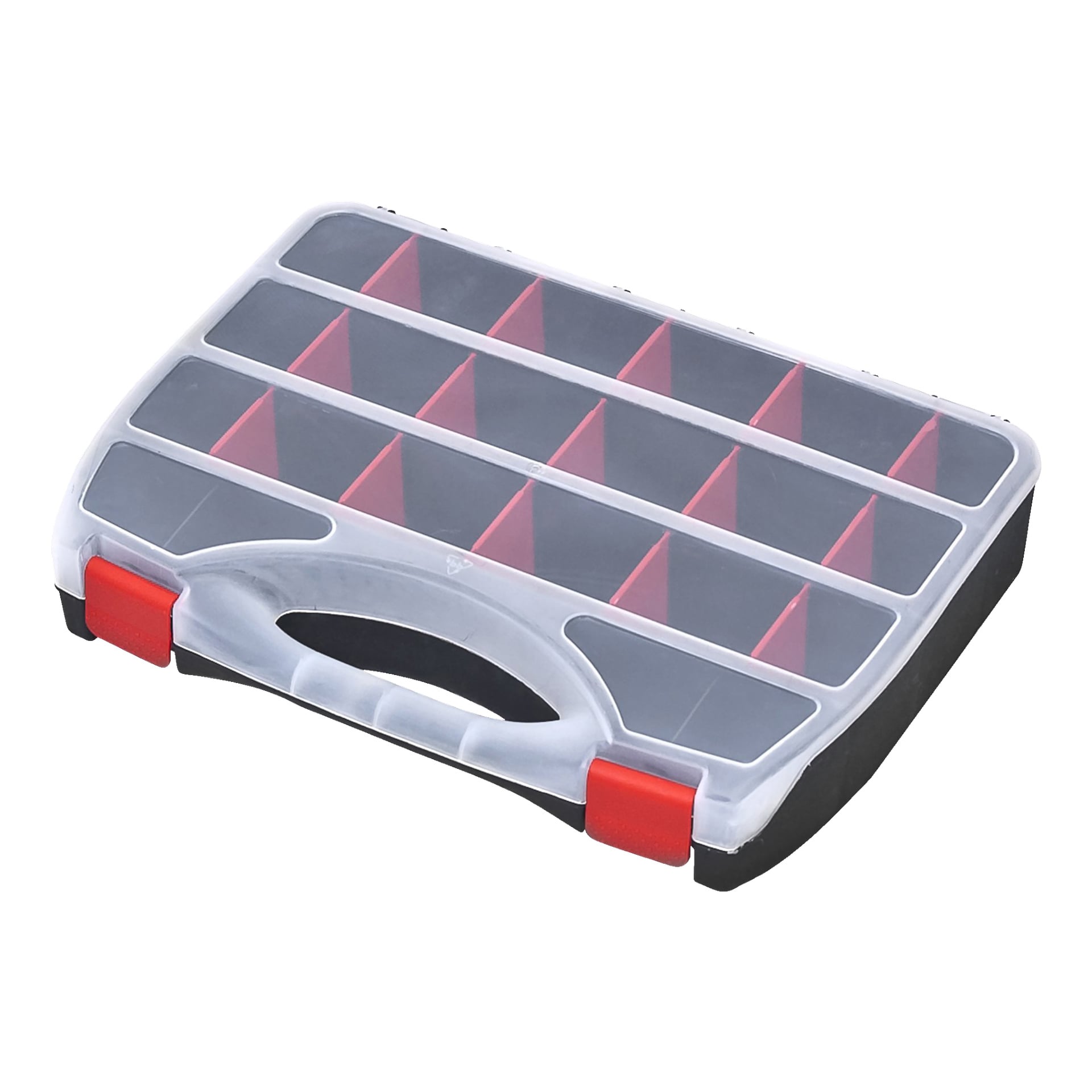 Meec Tools Assortment-boksen er laget av plast, med et gjennomsiktig lokk, røde låser, et håndtak på toppen og flere skillevegger inne i separate rom.