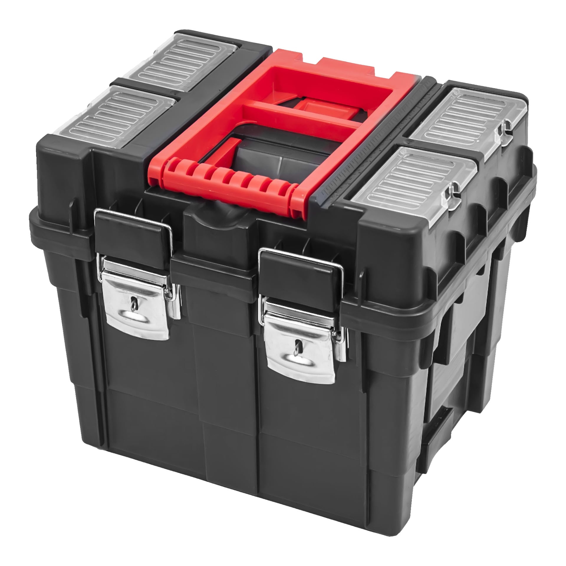 En svart plast Meec Tools verktygsvagn med metalllås, silverfärgade förvaringssektioner på locket och ett rött handtag ovanpå.