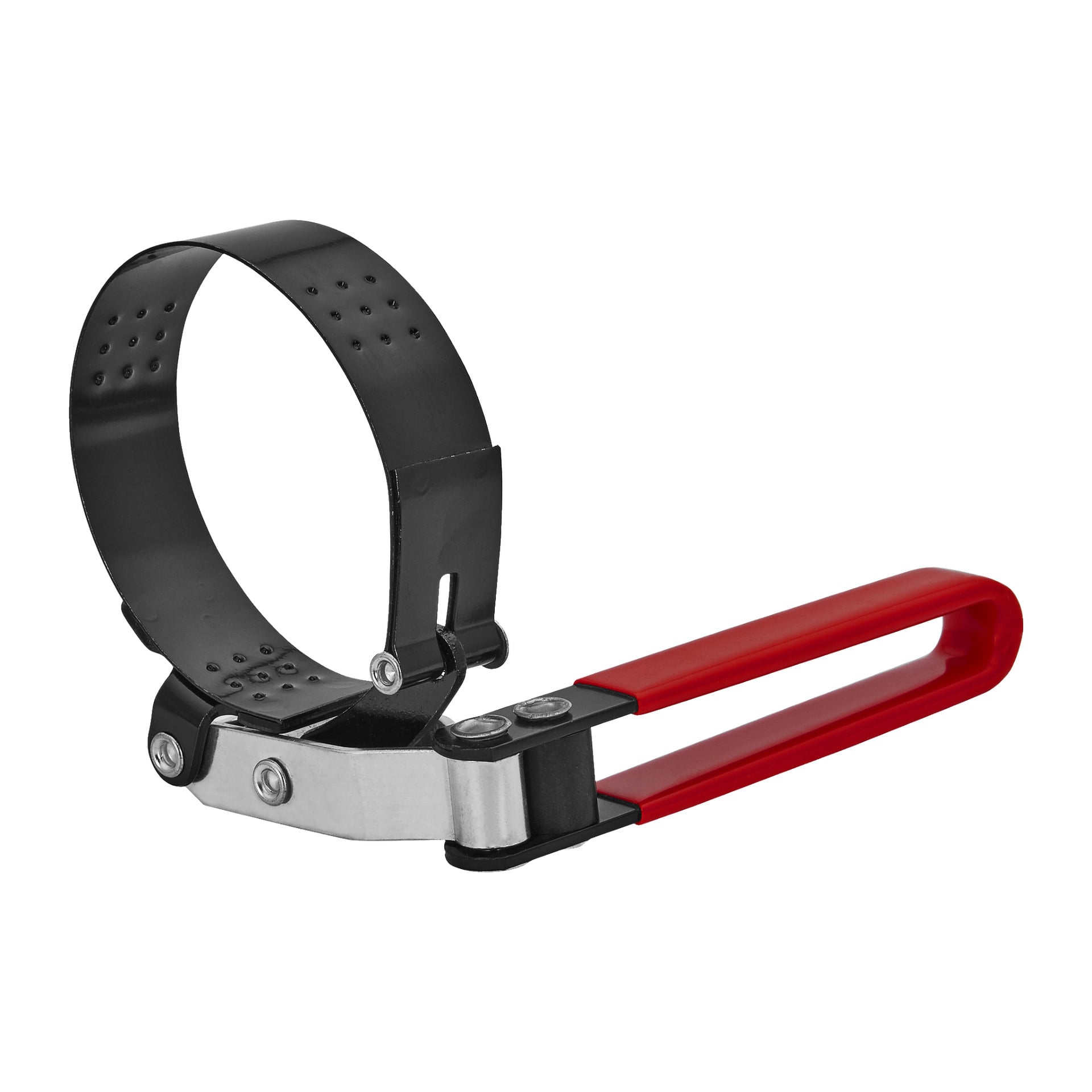 Zdejmownik filtrów oleju Meec Tools z czarnym regulowanym paskiem i czerwoną rączką.
