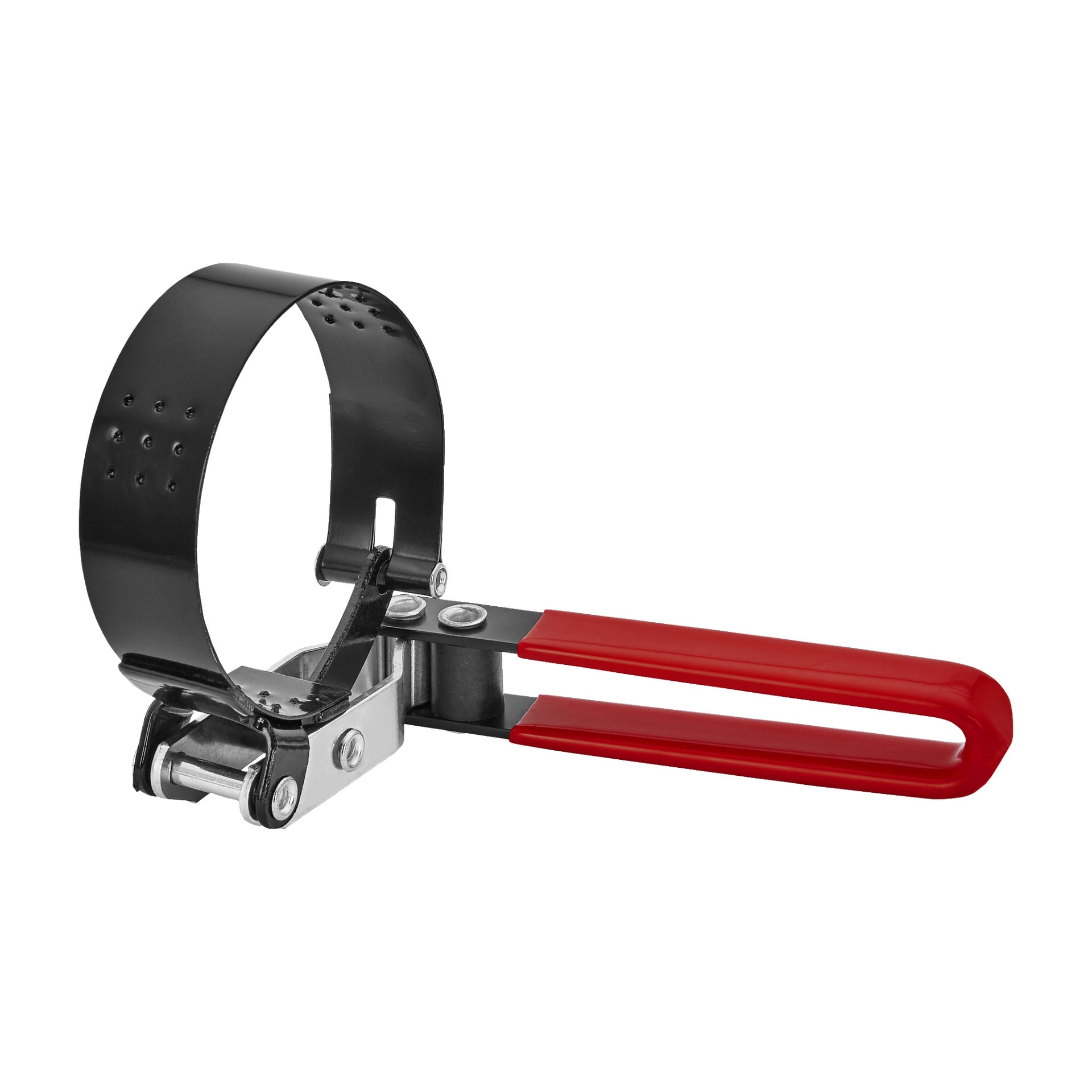 Zdejmownik filtrów olejowych Meec Tools z czarnym, regulowanym metalowym paskiem i czerwonymi uchwytami pokrytymi plastikiem.