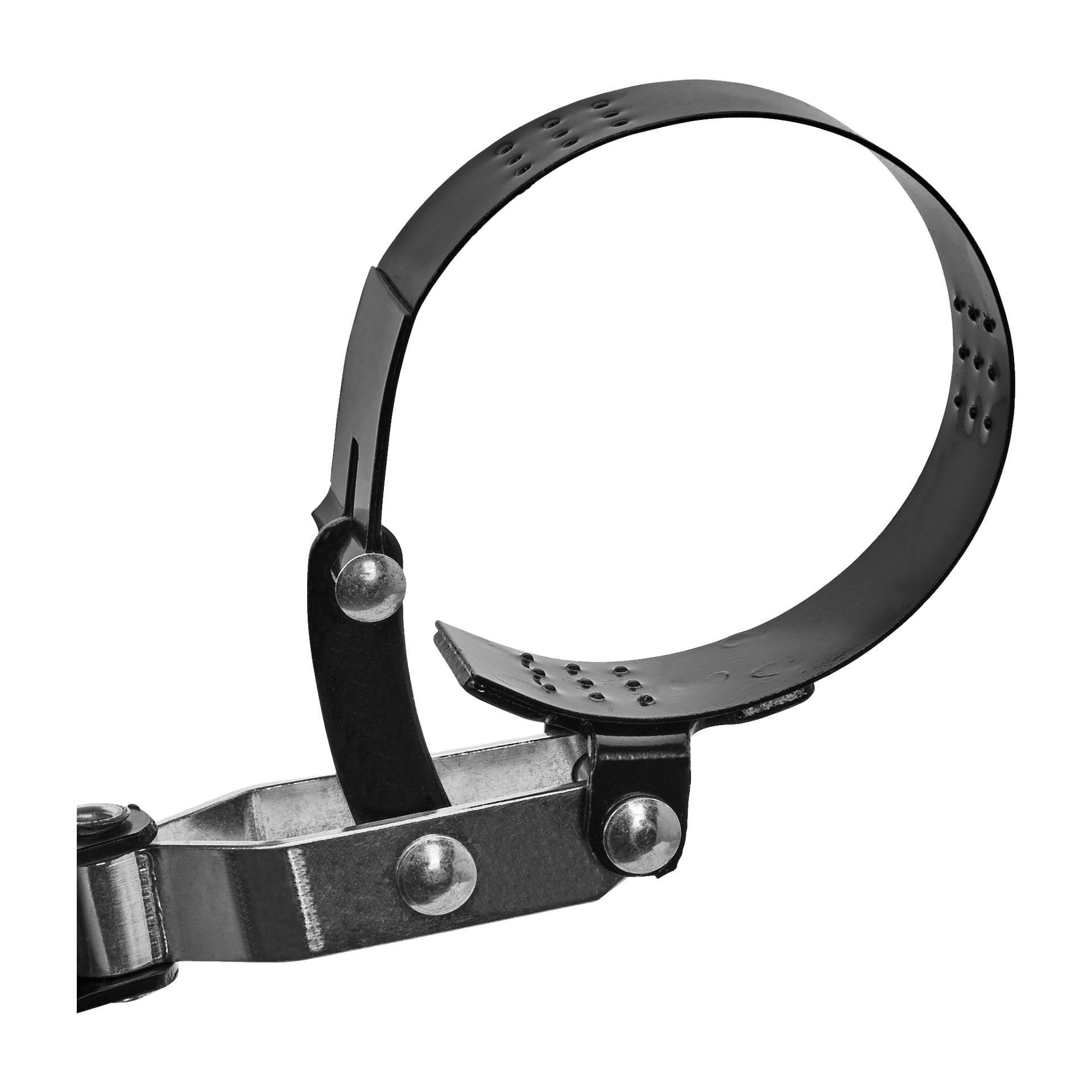 Szczegółowe zbliżenie zdejmownika filtrów olejowych Meec Tools pokazuje jego metalowy i plastikowy zacisk na pasku z nitami, zaprojektowany do chwytania lub mocowania przedmiotów. Narzędzie pokazane jest w pozycji otwartej, podkreślając jego zakrzywiony, żebrowany pas oraz mechanizm zawiasowy obrotowy.