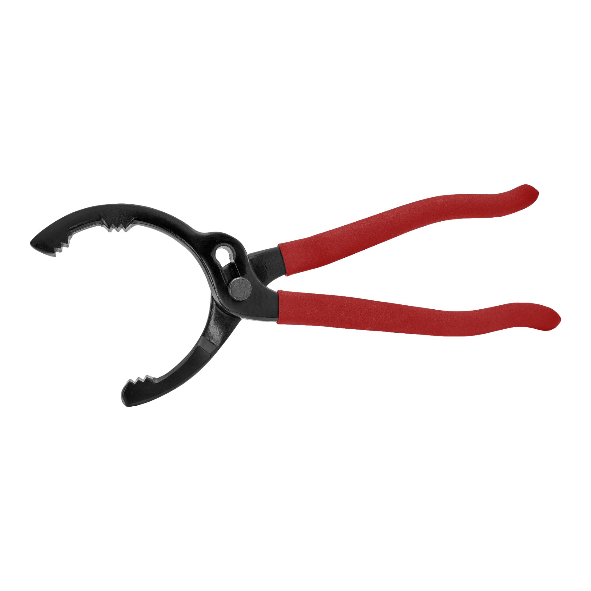 Et par Meec Tools oljefiltertanger med svarte, buede kjever og røde gummibelagte håndtak, designet for å gripe eller vri gjenstander.