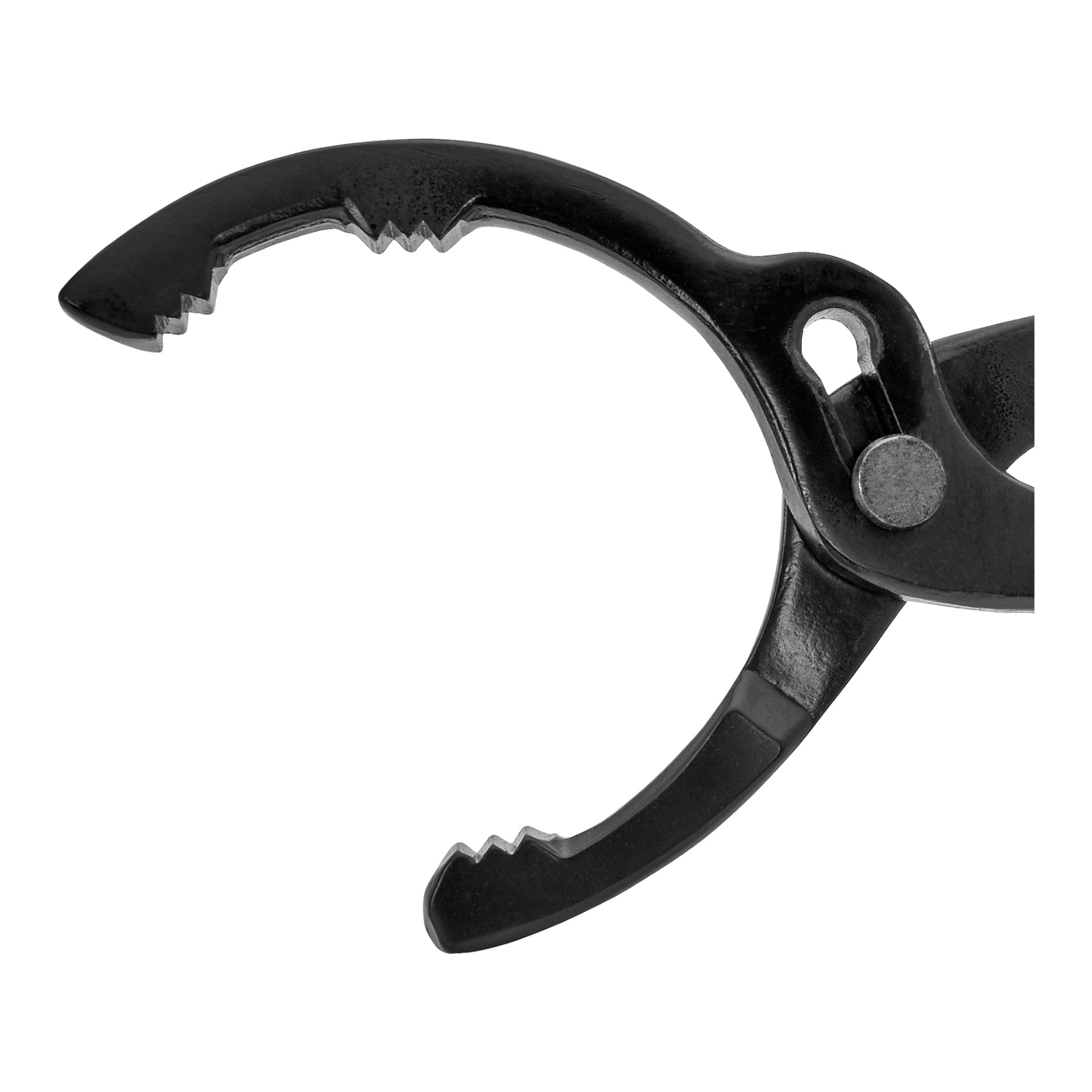 Nærbilde av Meec Tools oljefiltertang, et svart metallverktøy med buede, taggete kjever åpen.