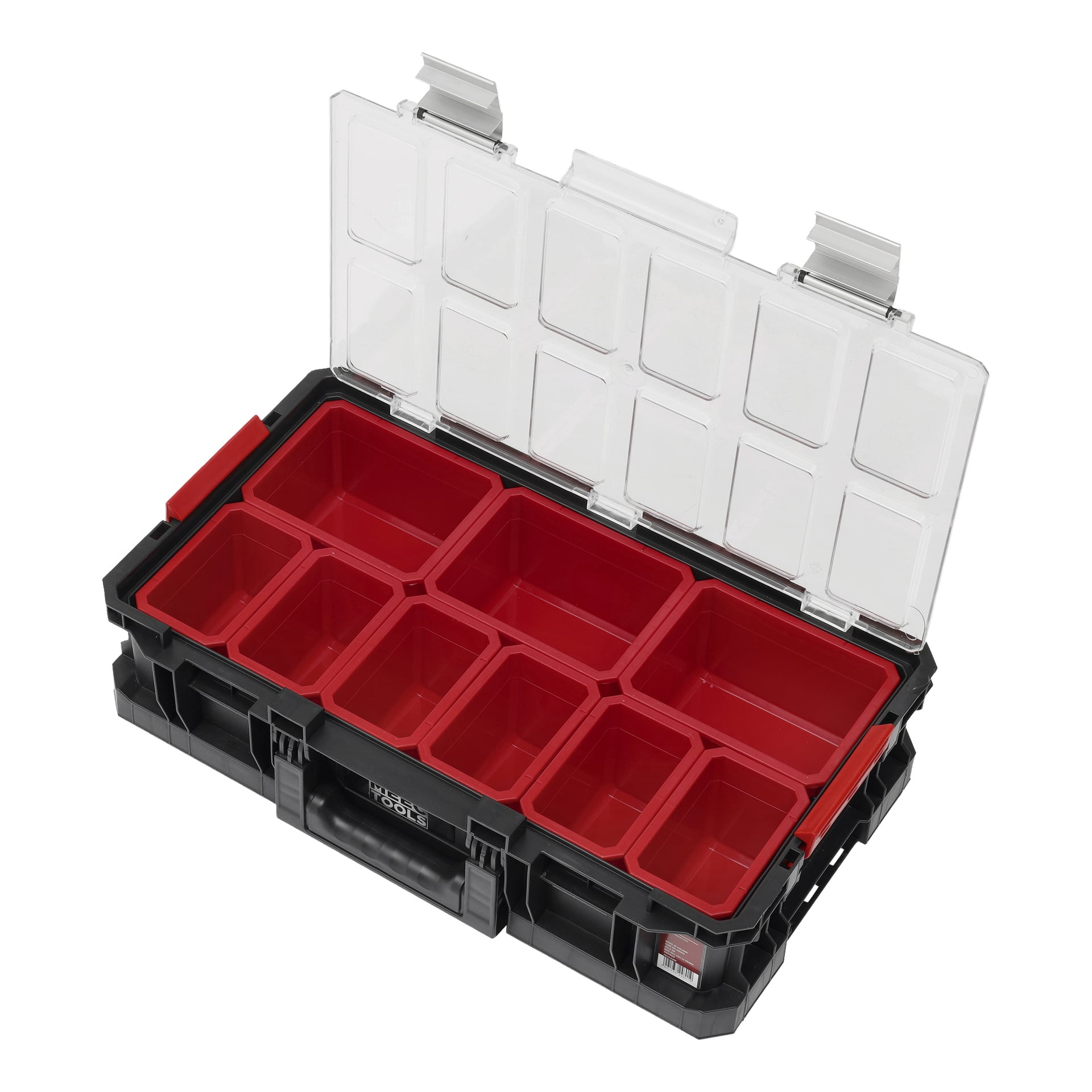 En öppen Meec Tools Assortment-låda, som ingår i Module-Box System I, har nio röda rektangulära fack arrangerade i två rader inuti ett svart plastfodral med genomskinligt lock, lämpligt för att organisera små föremål eller verktyg.