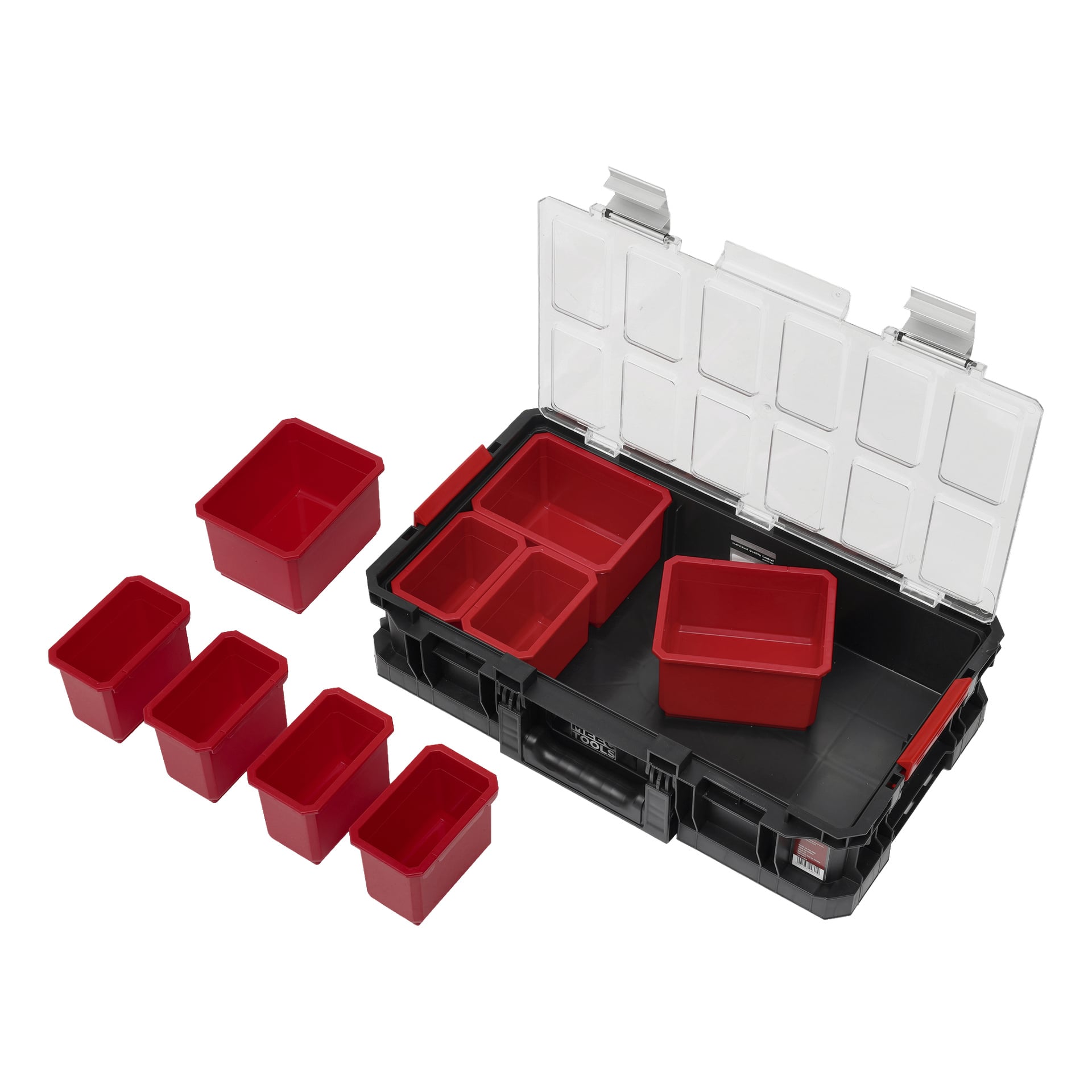 En Meec Tools Assortment Box med 9 fack, som är en del av Module-Box-systemet och har en svart och transparent plastdesign med handtag, visas omgiven av flera tomma röda rektangulära lådor i olika storlekar.