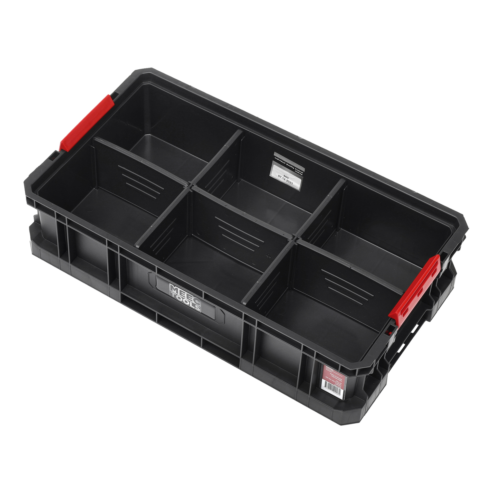 Meec Tools Tool Box System II, wykonany z czarnego plastiku, z sześcioma komorami i dwoma czerwonymi bocznymi uchwytami, widziany z góry.