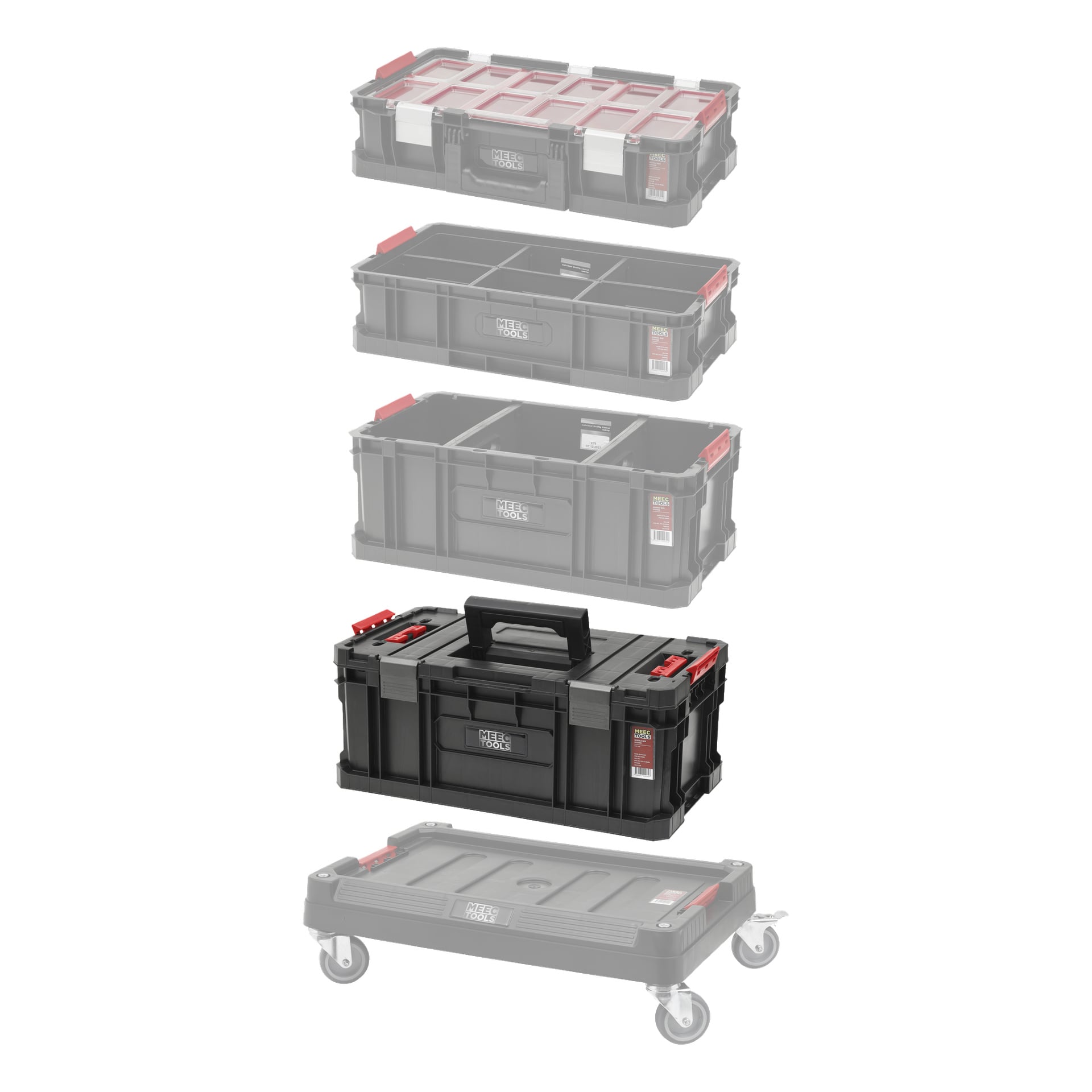 Meec Tools Toolbox Module-Box System IV är demonterad i fem delar: en genomskinlig organisatör, två öppna förvaringslådor, en solid låslåda med handtag och en rullbar rullbas.