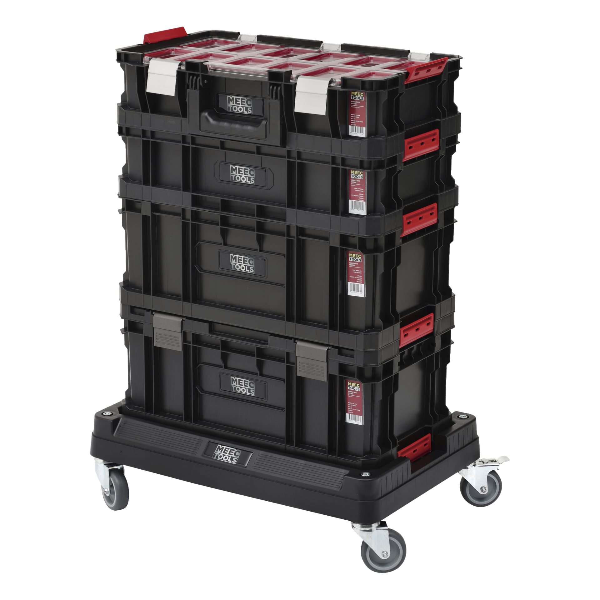 Fyra svarta och röda Meec Tools Module-Box System IV-förvaringslådor är staplade på en hjulplattform med metallhandtag och låsklämmor.