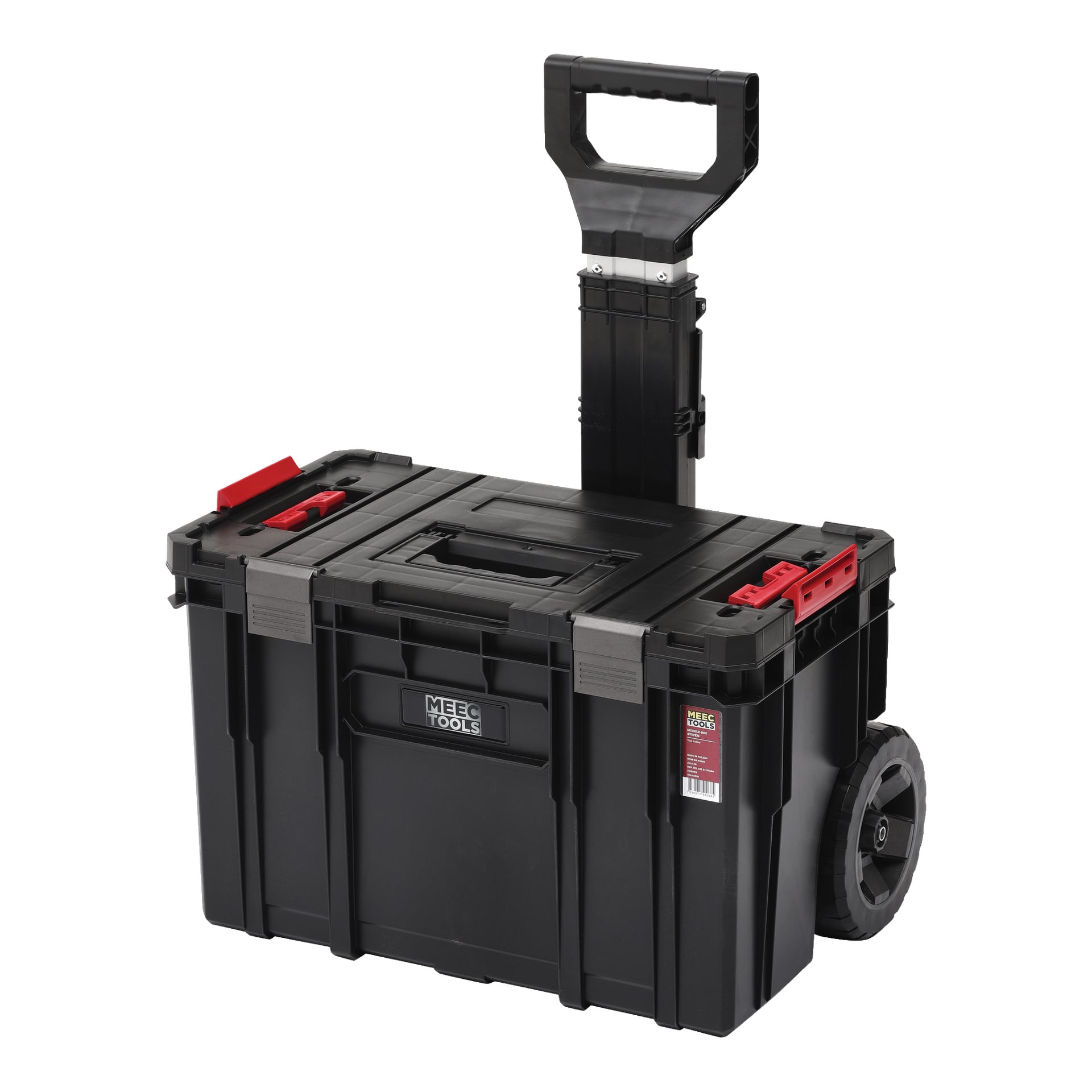 Musta Meec Tools Tool Trolley Module Box -järjestelmä, jossa on kaksi pyörää liikkumista varten, teleskooppikahva, punaiset salvat, tukevat vahvistetut kulmat ja MEEC TOOLS -logo edessä.