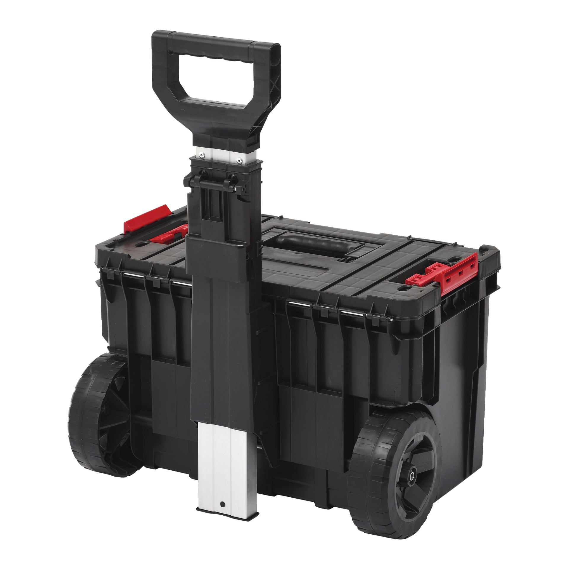 Esillä on Meec Tools Tool Trolley Trolley Module Box -järjestelmä, joka on valmistettu mustasta muovista, jossa on suuret pyörät, punaiset salvat ja ylöspäin ulottuva sisäänvedettävä kahva. Laatikossa on teksturoitu kansi ja sivuurat, jotka mahdollistavat pinoamisen tai helpottamaan lisäesineiden kantamista.