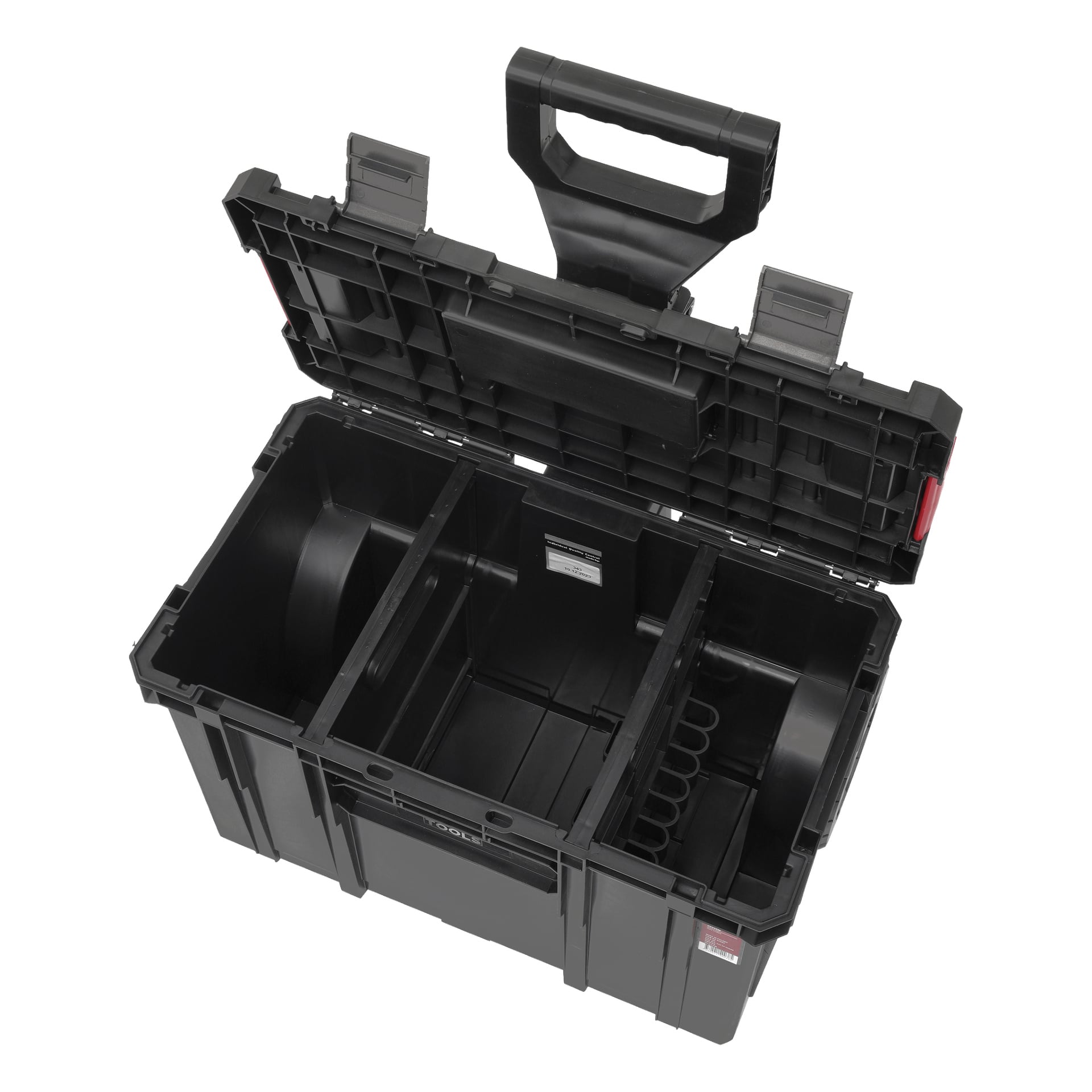 Musta muovinen Meec Tools Tool Trolley Module Box System on esitetty kansi auki, paljastaen kolme pääsäilytysosaa ja useita pieniä osastoja. Kahva on kiinnitetty kanteen, ja punaiset salvat näkyvät kummallakin puolella laatikkoa.