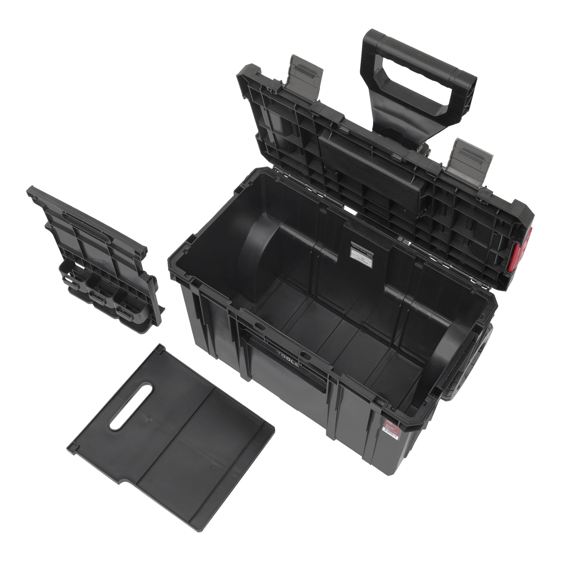 Meec Tools Tool Trolley Module-Box -järjestelmä, jossa on suuri musta muovirunko, avoin saranoitu kansi, pystysuora kahva, irrotettava järjestäjälokero ja litteä insertti tyhjän sisäpuolen sisällä.