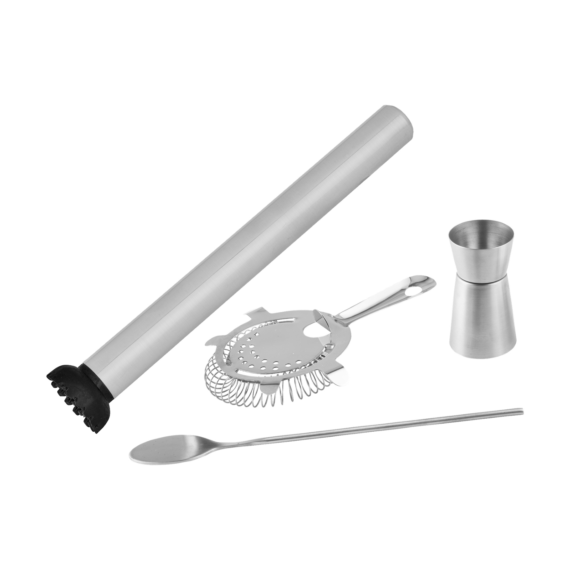 Menuett Drinks 5-delade set inkluderar en muddler i rostfritt stål med svart spets, en cocktailsil, en dubbelhädigad jigger och en långskaftad barsked.