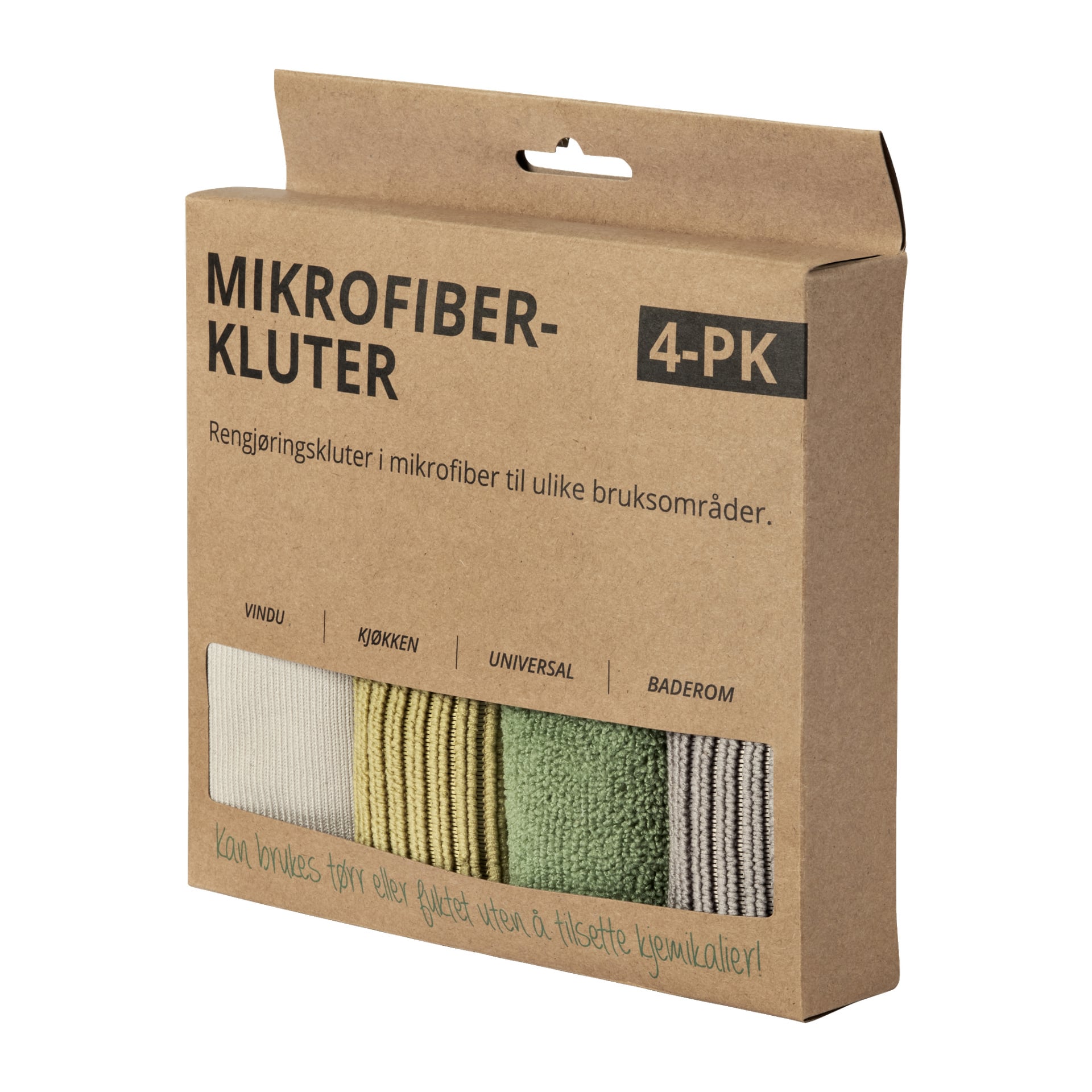 En kartong märkt "Microfibre cloths 4 pack" från Menuett innehåller fyra mikrofiberdukar i beige, gult, grönt och grått, var och en avsedd för användning i fönster, kök, badrum eller som universalduk.