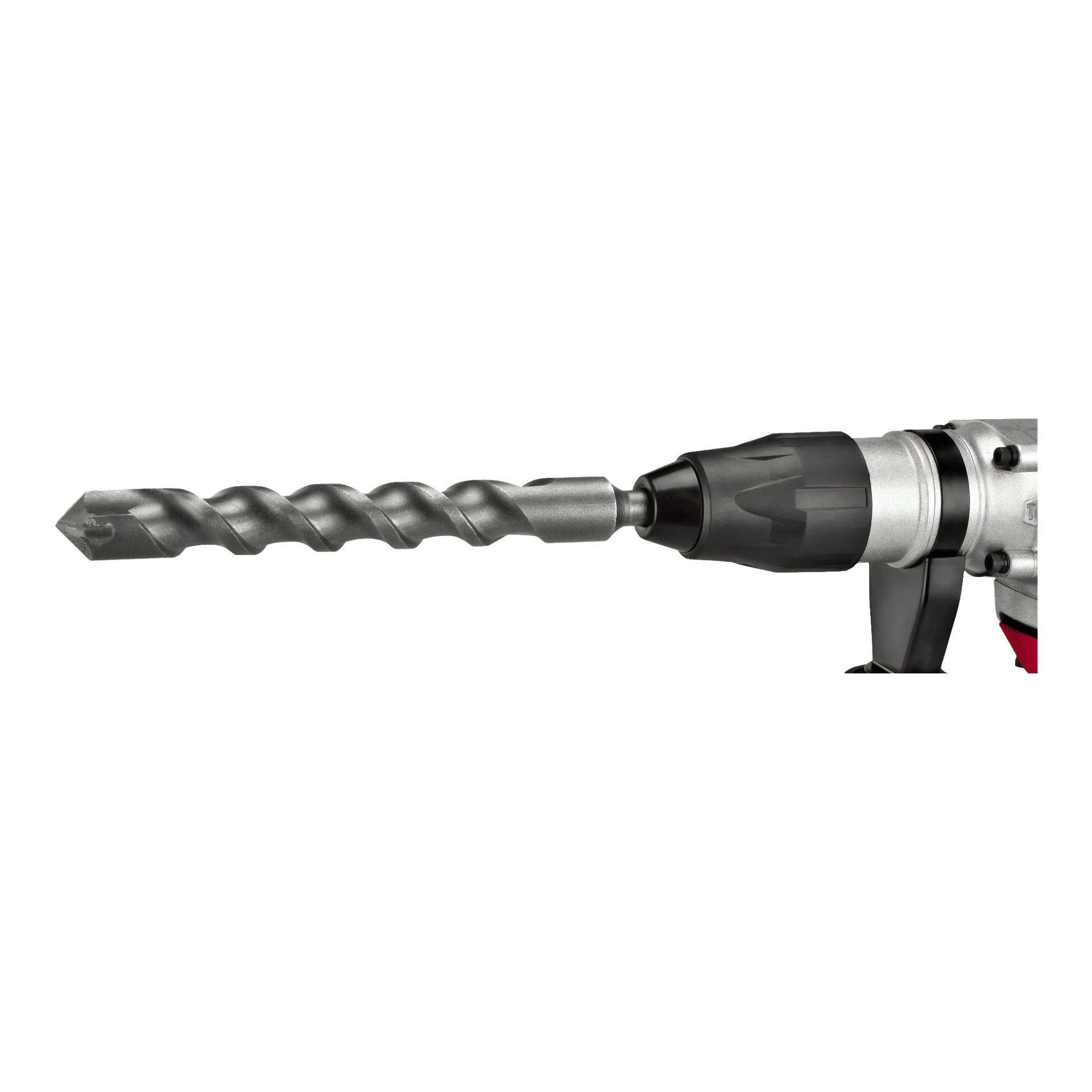 Nahaufnahme eines Meec Tools Hammerbohrers mit einem großen Spiralbohrer, horizontal dargestellt. Nur der vordere Teil von Werkzeug und Bohrer ist sichtbar.