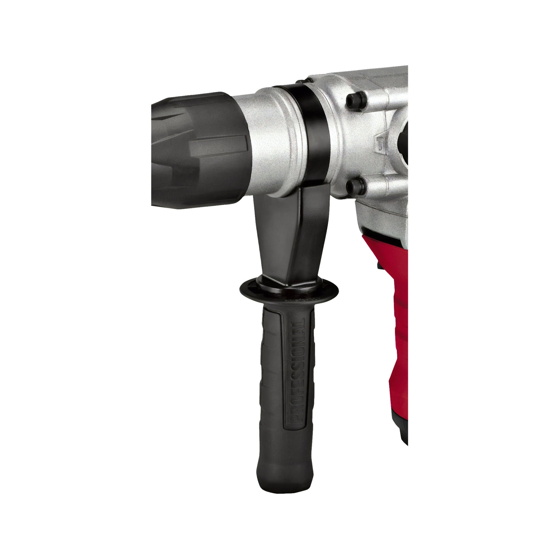 Eine Nahaufnahme des Meec Tools Hammer-Bohrers in Rot und Silber, mit Fokus auf den Griff und einen Teil des Körpers.