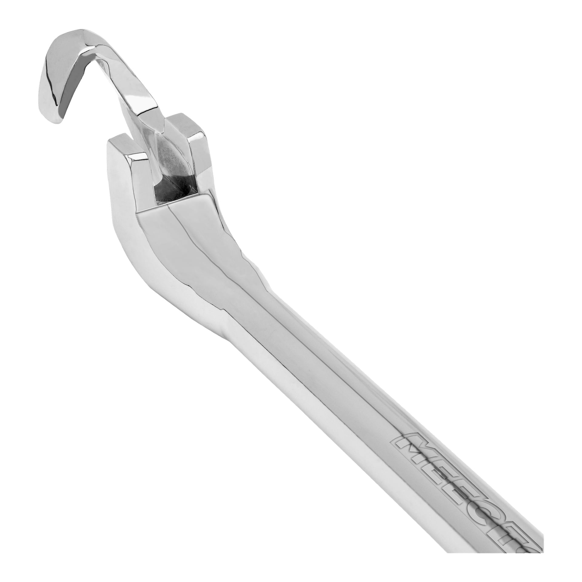 Zbliżenie błyszczącego przedłużenia Meec Tools Spanner z zakrzywionym, haczykowym końcem.