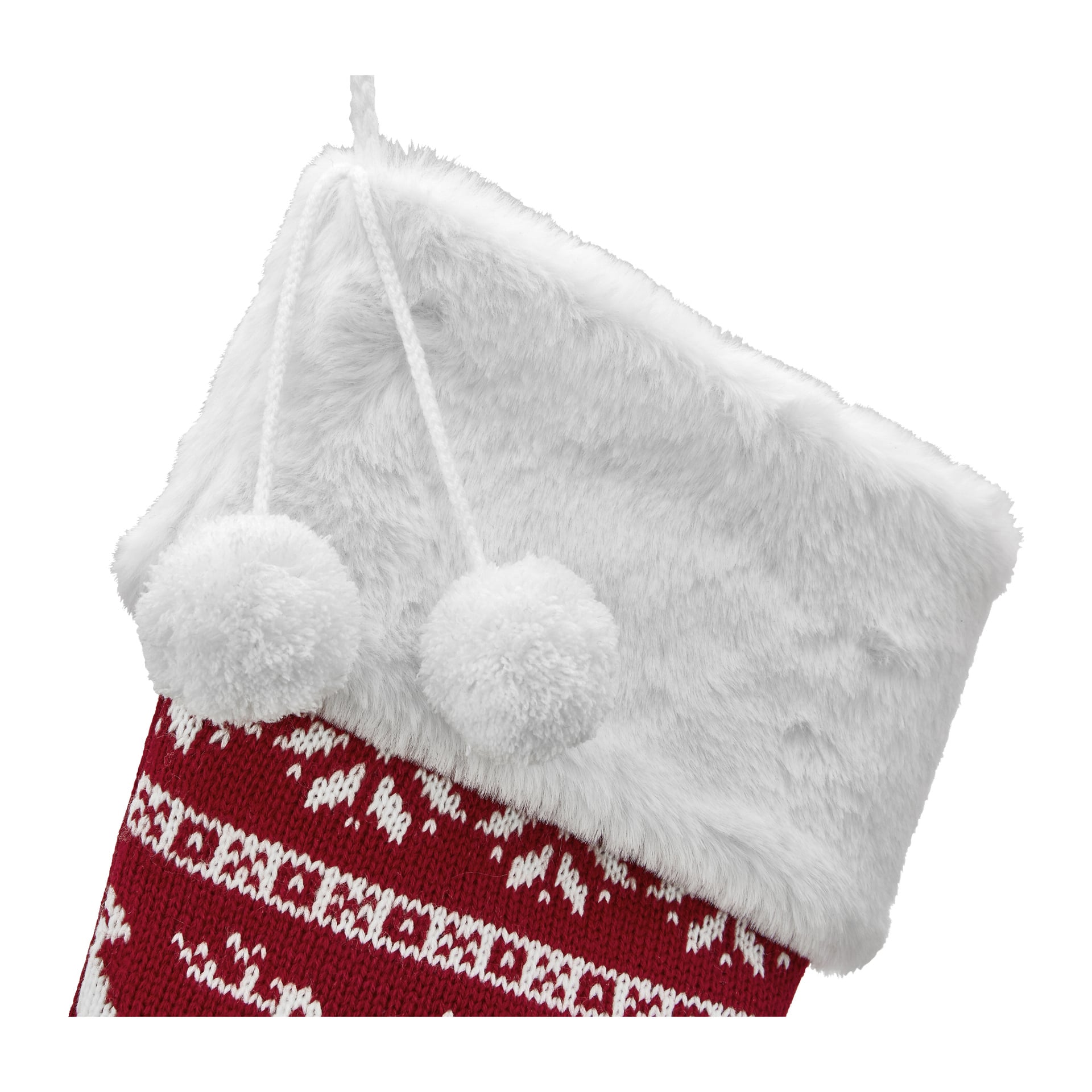 Menuetts julstrumpa har en röd bas med vita snöflingor och renmotiv, avslutad med en vit fuskpälsmudd och två vita pompoms.