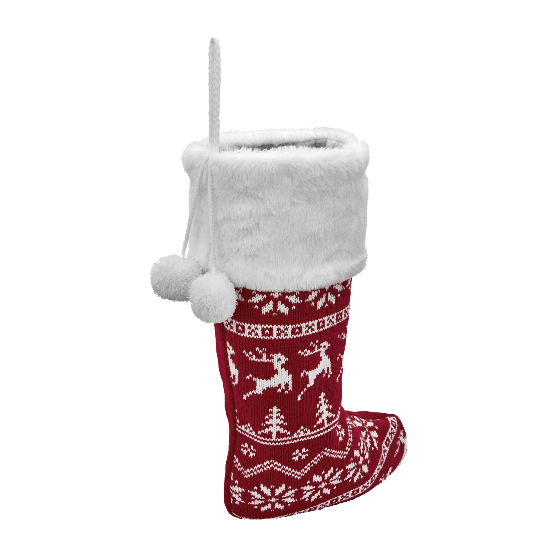 En röd Menuett-julstrumpa med vit fuskpälskant, dekorerad med stickade ren- och snöflingemönster. Två vita pompoms hänger från öglan högst upp.